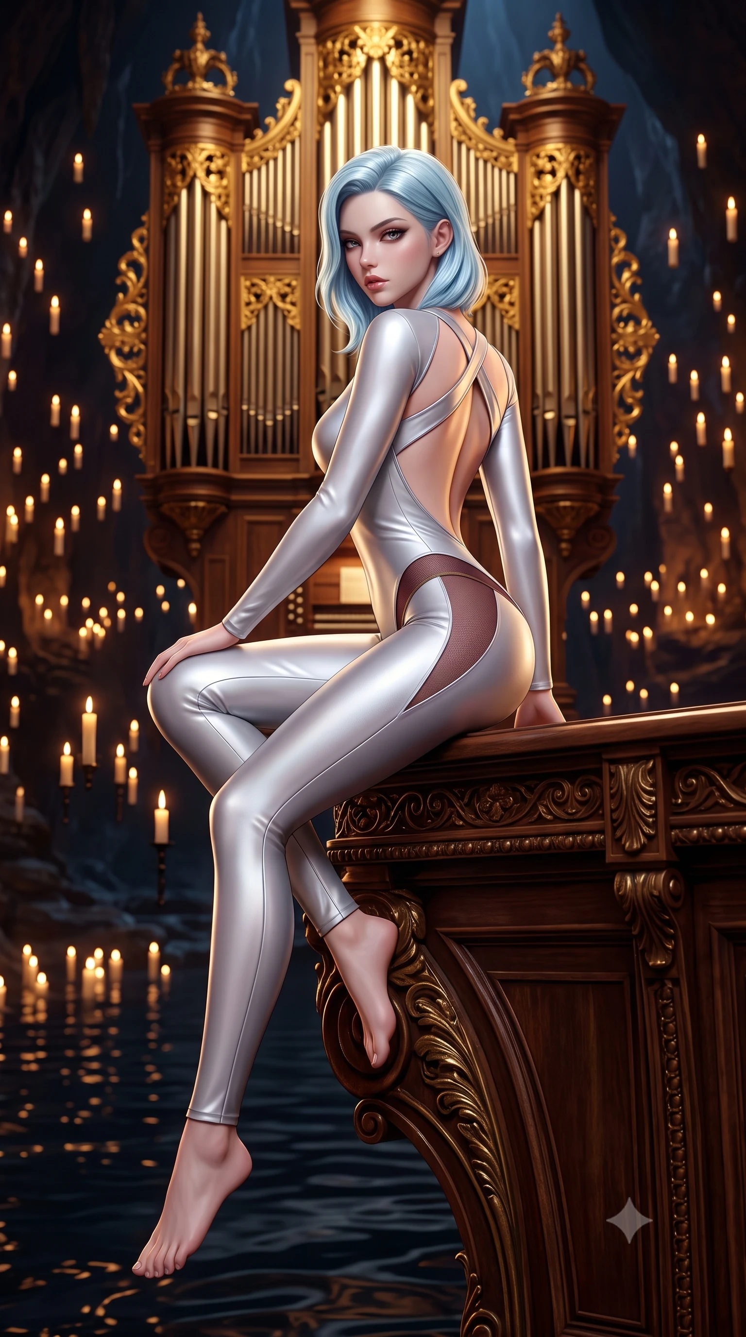 score_9, masterpiece, best quality, ultra-detailed, high-budget anime keyframe, semi-realistic 3D game render, editorial fashion photography, tasteful artistic composition, Korean woman. low angle full-body shot from head to toe showing her feet, filling the entire 9:16 vertical frame with her statuesque presence, stretching her vertical silhouette. sitting perched on the elevated edge with hips angled toward the camera and legs crossed, displaying her toned midriff and flawlessly sculpted slender limbs while standing poised before a colossal gold-leaf pipe organ, twisting her slender torso in an alluring S-curve with smoldering gothic bedroom-eyes. The composition keeps background elements in soft focus with creamy bokeh. thousands of flickering floating candles and dark cavern lake ripples blurred into deep obsidian, molten gold, and blood-ruby bokeh. She has an exceptionally tall and slender model-like 8.5-heads proportion, an ultra-slim waist, a flat toned midriff, narrow delicate ribcage, and beautifully sculpted feminine hips creating a graceful, slim hourglass silhouette without any bulky heaviness, with impossibly long slender legs. sharp v-shaped jawline, high-bridge nose, intricate jewel-like eyes with depth, thick eyelashes, glossy parted lips with a natural sheen, intensely captivating and seductive bedroom-eyes expression, flawlessly proportioned anatomical accuracy, strict slender model proportions, natural body alignment, perfectly sculpted long slender limbs, ultra-slim waistline, clean dynamic posture without body distortion. wearing a liquid-silver aerodynamic space-couture catsuit with an open scooped back and sheer contouring mesh hip panels in deep wine burgundy and antique bronze, tailored from ultra-smooth duchess satin with a pearlescent sheen, finished with criss-cross back satin straps highlighting her graceful shoulder blades, the form-contouring material adhering flawlessly to her sculpted flat midriff and slender torso, emphasizing her long leg lines and perfectly proportioned willowy build. surrounded by an immortal, seductive, and dangerously mesmerizing underground opera queen aura. highly saturated vibrant anime colors, detailed shading with soft gradients, rich glossy textures, high-contrast stereoscopic depth, volumetric dynamic lighting, master piece, 9:16 ratio