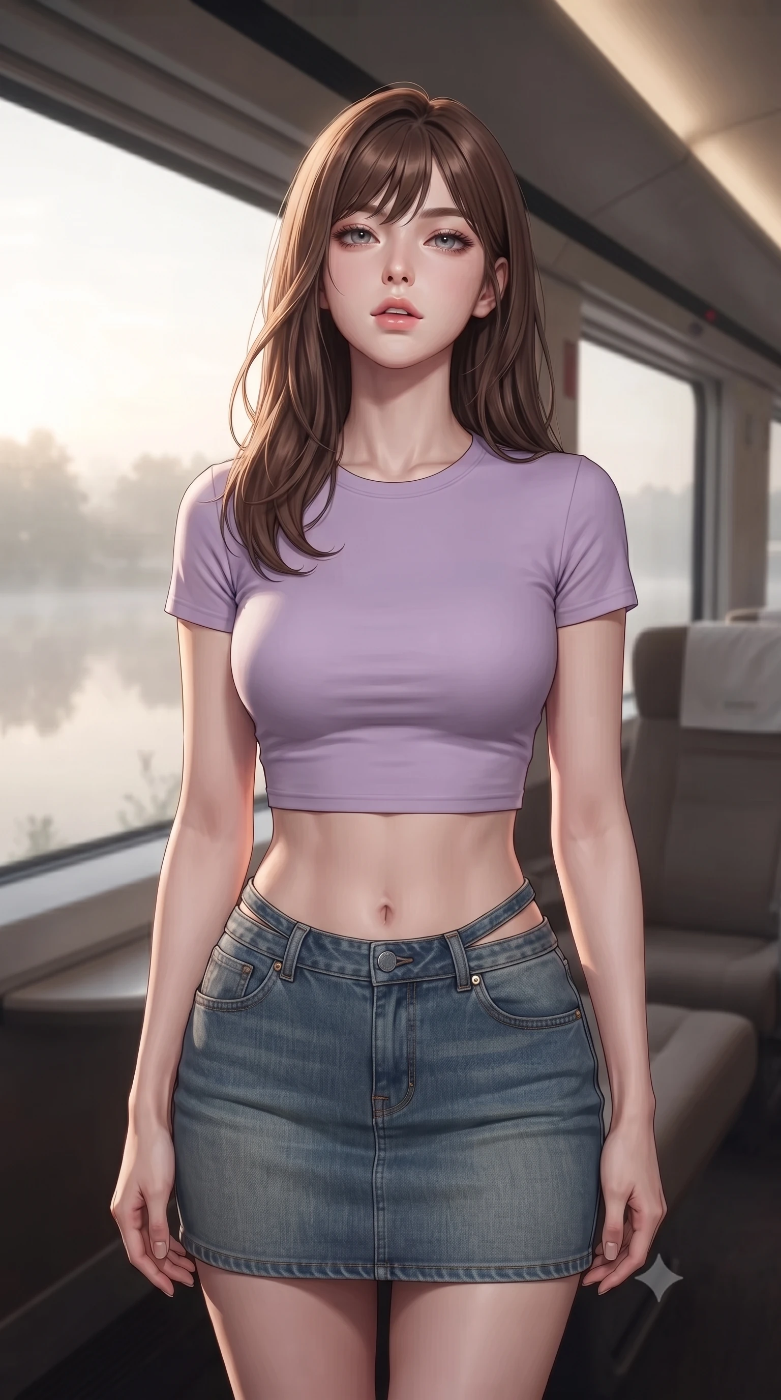 score_9, masterpiece, best quality, ultra-detailed, high-budget anime keyframe, editorial fashion photography, tasteful artistic composition, Korean woman. close-up cowboy shot from the waist and thighs up, the character dominates the composition, filling the frame with her large presence, background elements kept in soft focus. tilting her chin up slightly with lips parted in a composed, provocative expression the background shows a soft-focus the luxury lounge car of a high-speed train passing a misty lake at dawn. She has an exceptionally elegant, slender, and willowy female figure with an ultra-slim waist, a gracefully sculpted slender torso, and a refined silhouette. sharp v-shaped jawline, high-bridge nose, intricate jewel-like eyes with depth, thick eyelashes, glossy lips with a natural sheen. wearing a form-contouring modern crop top in lavender cotton paired with a low-rise denim skirt and a subtle waist cut-out. soft morning mist diffusing the sunlight, creating a tranquil atmosphere. ultra-reflective glossy finish, specular highlights, metallic sheen, high-contrast stereoscopic depth, volumetric dynamic lighting, 2k, ultra detail, master piece, 9:16 ratio