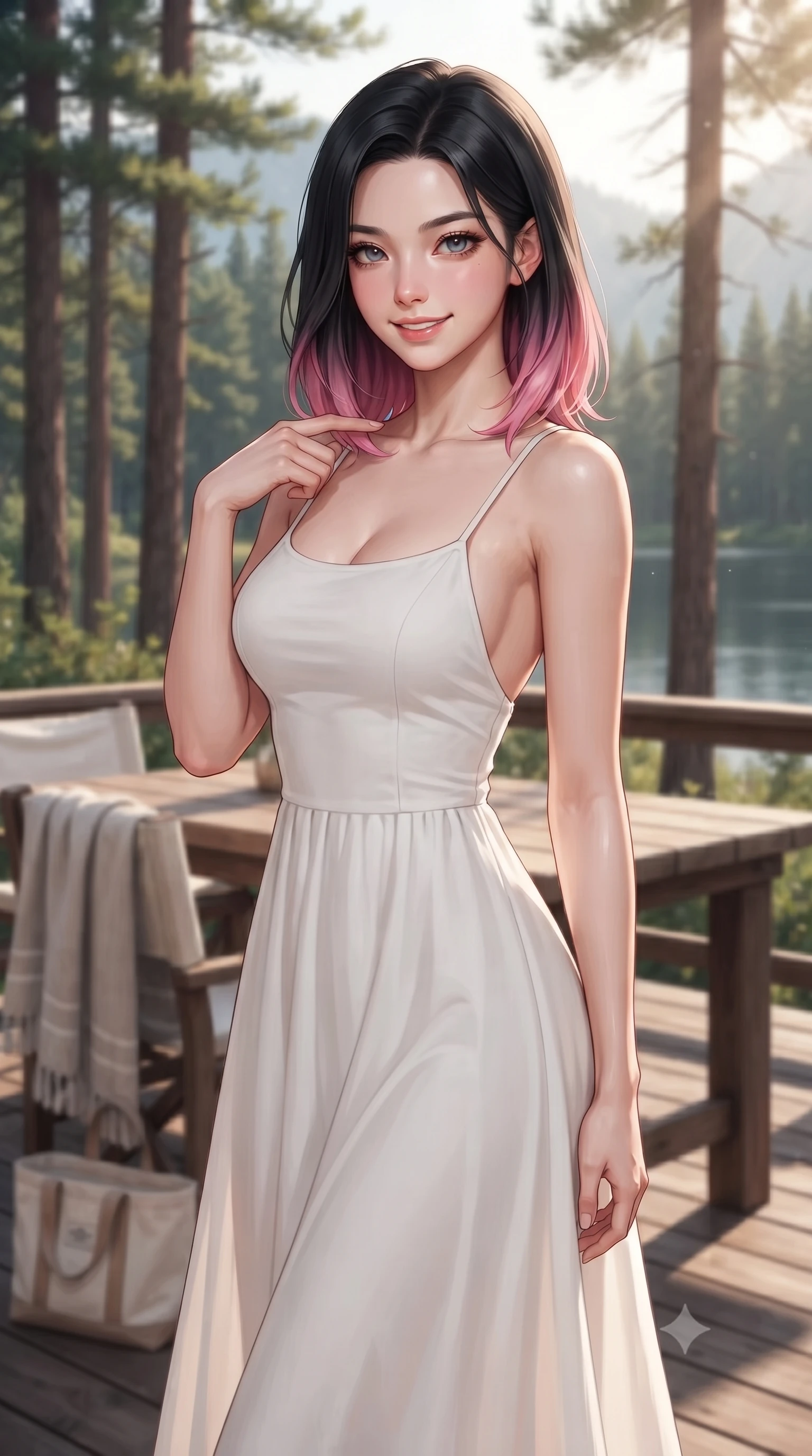score_9, masterpiece, best quality, ultra-detailed, high-budget anime keyframe, editorial fashion photography, tasteful artistic composition, Korean woman. close-up cowboy shot from the waist and thighs up, the character dominates the composition, filling the frame with her large presence, background elements kept in soft focus. gently tracing her finger along her collarbone with a captivating, confident smile set against a soft-focus background of on a cozy glamping deck surrounded by tall pine trees and a quiet mountain lake with a soft linen beach towel and a cute canvas tote bag nearby. She has an exceptionally elegant, slender, and willowy female figure with an ultra-slim waist, a gracefully sculpted slender torso, and a refined silhouette. sharp v-shaped jawline, high-bridge nose, intricate jewel-like eyes with depth, thick eyelashes, glossy lips with a natural sheen. wearing form-contouring backless cotton sundress in white, featuring delicate straps and a long flowing skirt. soft afternoon sunbeams filtering through the palm leaves, casting gentle shadows. ultra-reflective glossy finish, specular highlights, metallic sheen, high-contrast stereoscopic depth, volumetric dynamic lighting, 2k, ultra detail, master piece, 9:16 ratio