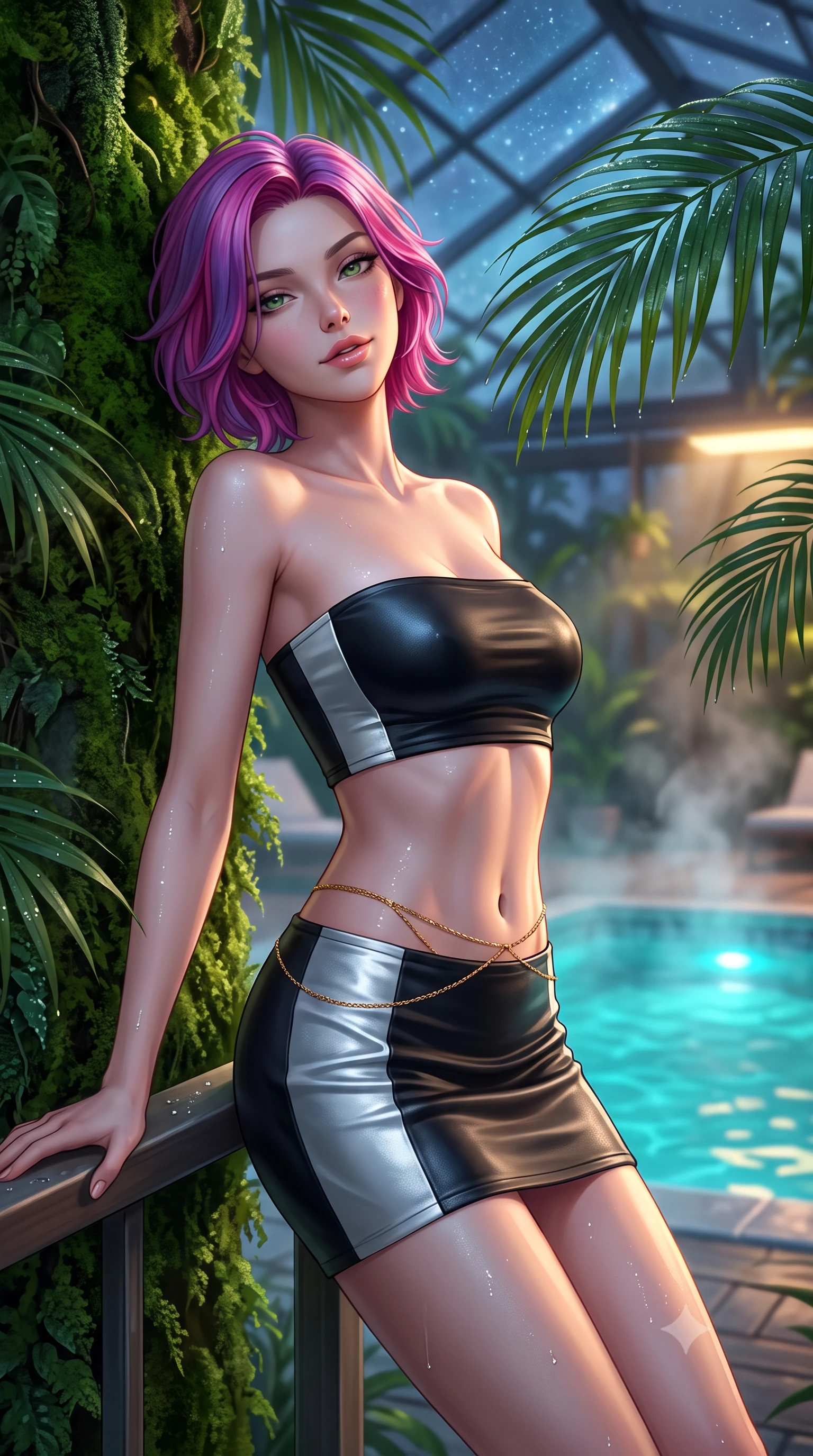 score_9, masterpiece, best quality, ultra-detailed, high-budget anime keyframe, editorial fashion photography, tasteful artistic composition, Caucasian woman. close-up cowboy shot from the waist and thighs up, the character dominates the composition, filling the frame with her large presence. leaning back against the balustrade with relaxed seductive grace, head tilted back slightly while casting a hypnotic, heavy-lidded gaze while leaning against the lush vertical moss wall with hips cocked back, looking through dewy tropical palms with heavy-lidded bedroom-eyes. The background shows a soft-focus rising geothermal water vapor softened in exclusive botanical retreat shallow focus. She has an exceptionally elegant, slender, and willowy female figure with an ultra-slim waist, flat toned midriff, narrow ribcage, and sculpted feminine hips creating an alluring, slim hourglass silhouette without bulk. sharp v-shaped jawline, high-bridge nose, intricate jewel-like sparkling eyes with depth, thick eyelashes, glossy parted lips with a natural peach sheen, bright cheerful beaming smile with an enchanting and coquettish sensual glint, exuding both youthful cute charm and seductive allure, flawlessly proportioned anatomical accuracy, strict slender model proportions, natural body alignment, perfectly sculpted long slender limbs, ultra-slim waistline, clean dynamic posture without body distortion. wearing an ultra-cropped fitted bandeau top paired with a micro mini tennis skirt revealing her flat midriff in Vik black sand obsidian and glacier crystal silver, woven from buttery-soft stretch lambskin leather adhering to her body like a second skin, accented with a dainty gold belly chain resting across her flat midriff and curving hips, the form-contouring silhouette accentuating her sculpted flat midriff, narrow delicate ribcage, and gracefully curvy hips with intoxicating allure. bathed in warm 2600K botanical grow lamps combined with turquoise underwater pool LEDs and clear Arctic starlight through glass. ultra-reflective glossy finish, specular highlights, rich textural contrasts, high-contrast stereoscopic depth, volumetric dynamic lighting, 2k, ultra detail, master piece, 9:16 ratio