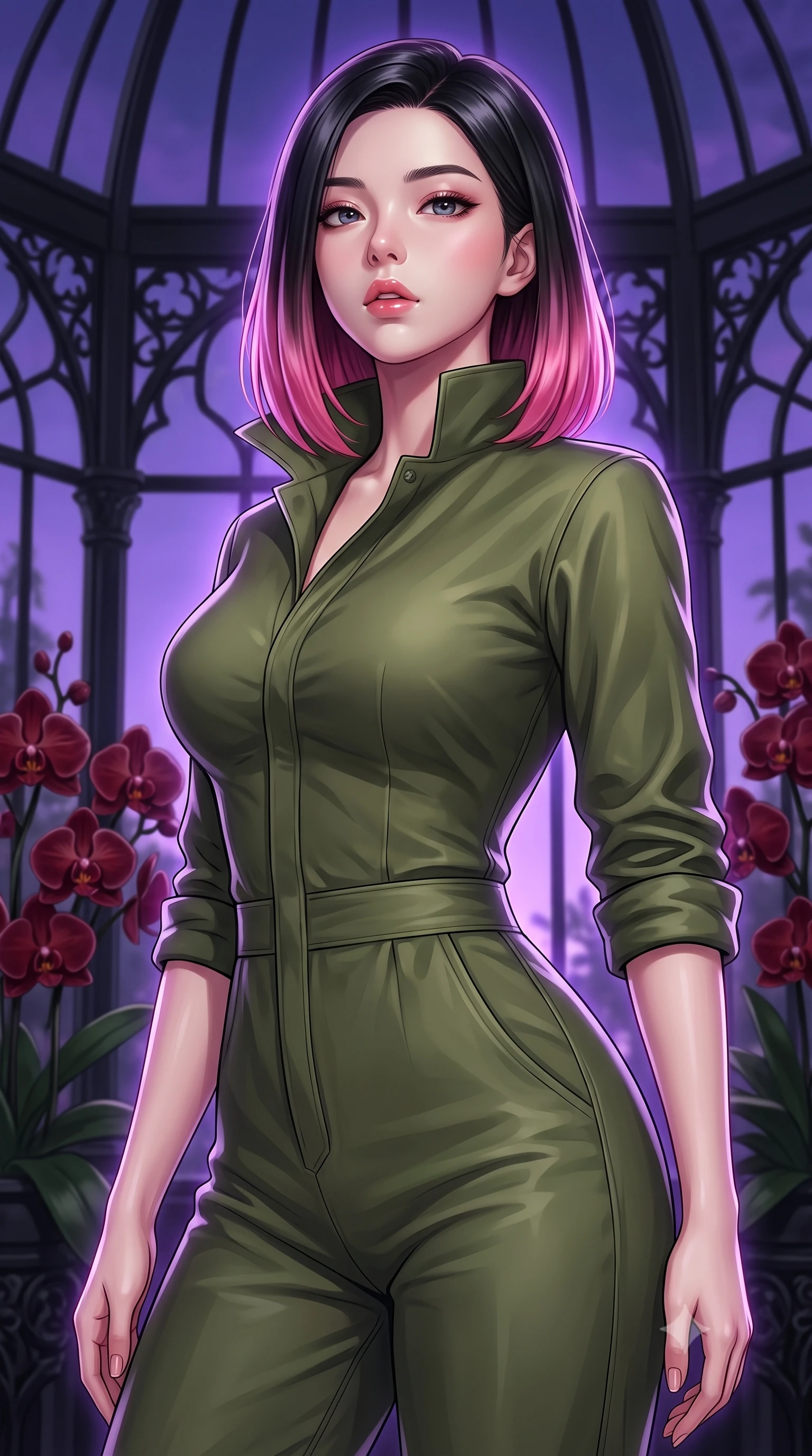 score_9, masterpiece, best quality, ultra-detailed, high-budget anime keyframe, editorial fashion photography, tasteful artistic composition, Korean woman. close-up cowboy shot from the waist and thighs up, the character dominates the composition, filling the frame with her large presence, background elements kept in soft focus. tilting her chin up slightly with lips parted in a composed, provocative expression the background shows a soft-focus a gothic conservatory with black iron framework and dark red orchid blooms. She has an exceptionally elegant, slender, and willowy female figure with an ultra-slim waist, a gracefully sculpted slender torso, and a refined silhouette. sharp v-shaped jawline, high-bridge nose, intricate jewel-like eyes with depth, thick eyelashes, glossy lips with a natural sheen. wearing a form-contouring comfortable olive green cotton utility jumpsuit with a structured collar and rolled-up sleeves. deep violet twilight sky glow wrapping her silhouette. highly saturated vibrant anime colors, detailed shading with soft gradients, rich glossy textures, high-contrast stereoscopic depth, volumetric dynamic lighting, master piece, 9:16 ratio