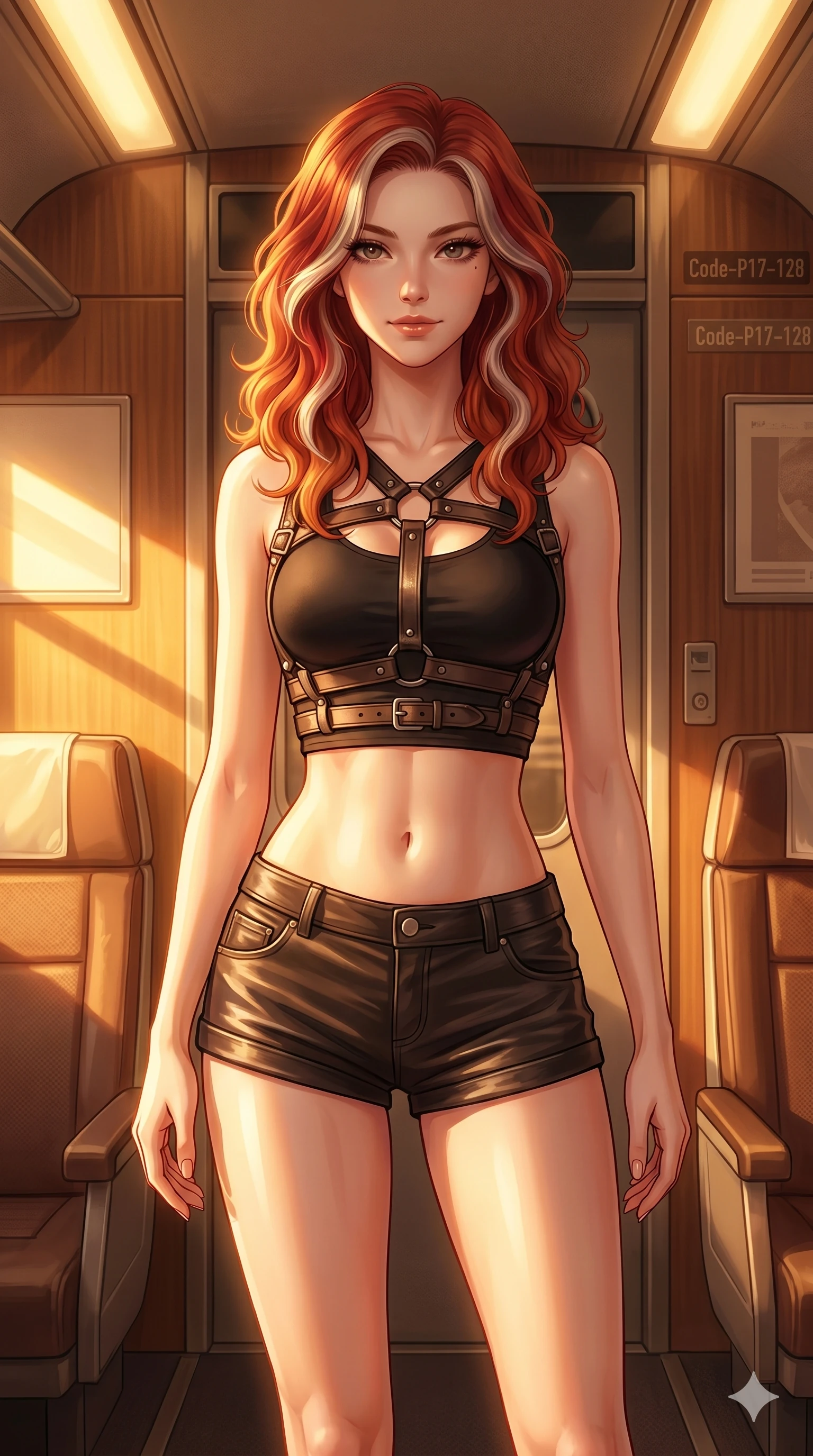 score_9, masterpiece, best quality, ultra-detailed, high-budget anime keyframe, editorial fashion photography, tasteful artistic composition, Caucasian woman, strictly human ears. cowboy shot from the thighs up, character and outfit filling the frame for maximum editorial presence. posing with quiet magnetic self-assurance, looking directly into the lens with a grin inside a luxury train cabin (Code-P17-128). She has an absolutely perfect 8-heads proportion, an exceptionally tall and slender female figure with impossibly long slender legs and an ultra-slim waist. V-shaped jawline, high-bridge nose, intricate jewel-like eyes with depth, thick eyelashes, glossy lips with a natural sheen. wearing a leather harness over crop top and micro-shorts. bathed in warm golden afternoon sunbeams, casting a warm glowing aura on her. 2k, ultra detail, master piece, 9:16 ratio