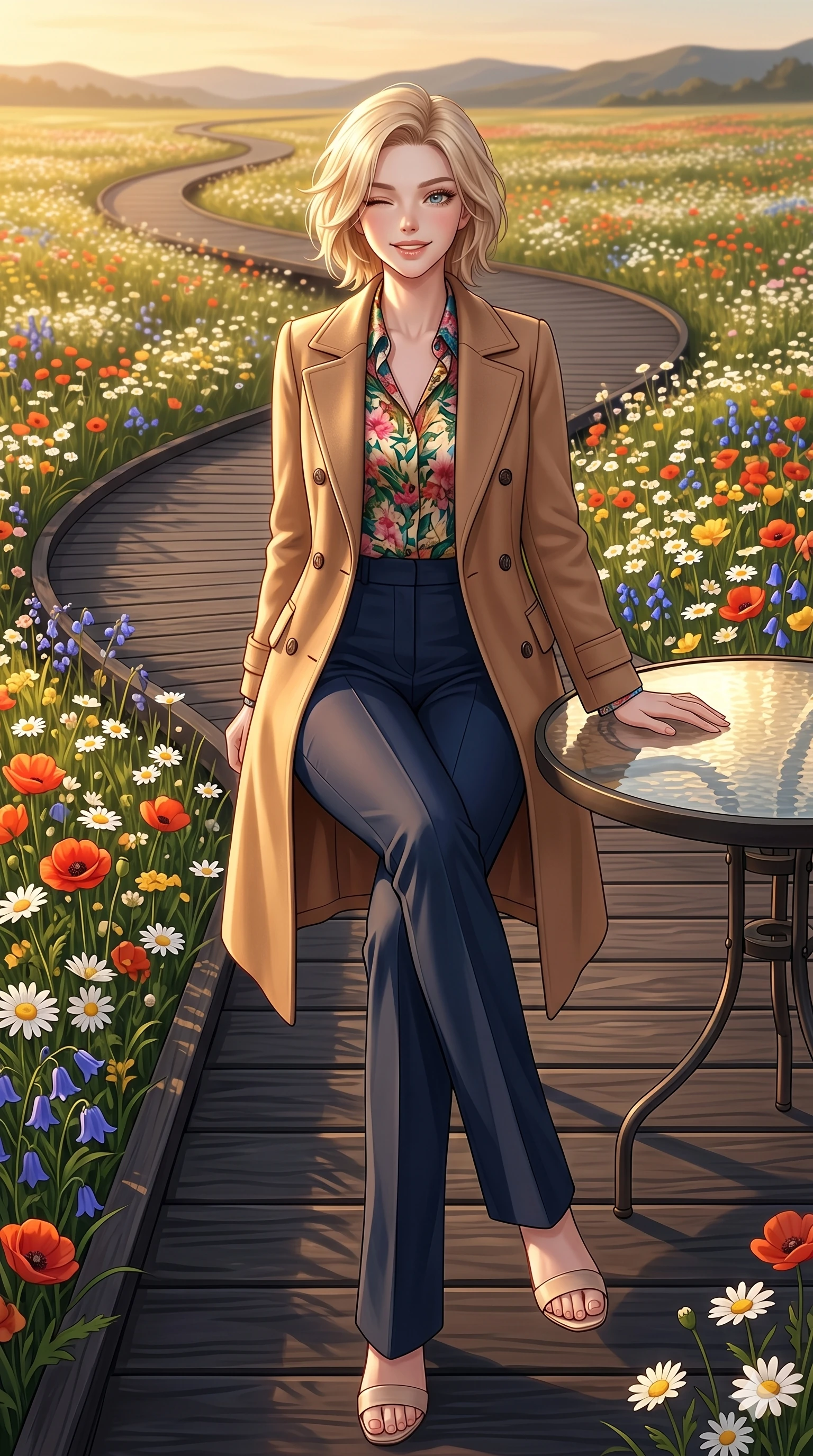 score_9, masterpiece, best quality, ultra-detailed, high-budget anime keyframe, vibrant anime aesthetic, Caucasian woman, strictly human ears. low angle full-body shot from head to toe showing her feet, filling the entire 9:16 vertical frame with her statuesque presence, stretching her vertical silhouette. She is sitting by a glass table, winking and smiling cheerfully at the camera on a wooden boardwalk winding through a sunlit field of wild spring flowers (Code-P20-016). She has an absolutely perfect 8-heads proportion, an exceptionally tall and slender female figure with impossibly long slender legs and an ultra-slim waist. V-shaped jawline, high-bridge nose, intricate jewel-like eyes with depth, thick eyelashes, glossy lips with a natural sheen. wearing a double-breasted coat over a floral blouse and tailored pants. She is bathed in soft sun-kissed golden rays, creating beautiful highlights and shadows. 2k, ultra detail, master piece, 9:16 ratio