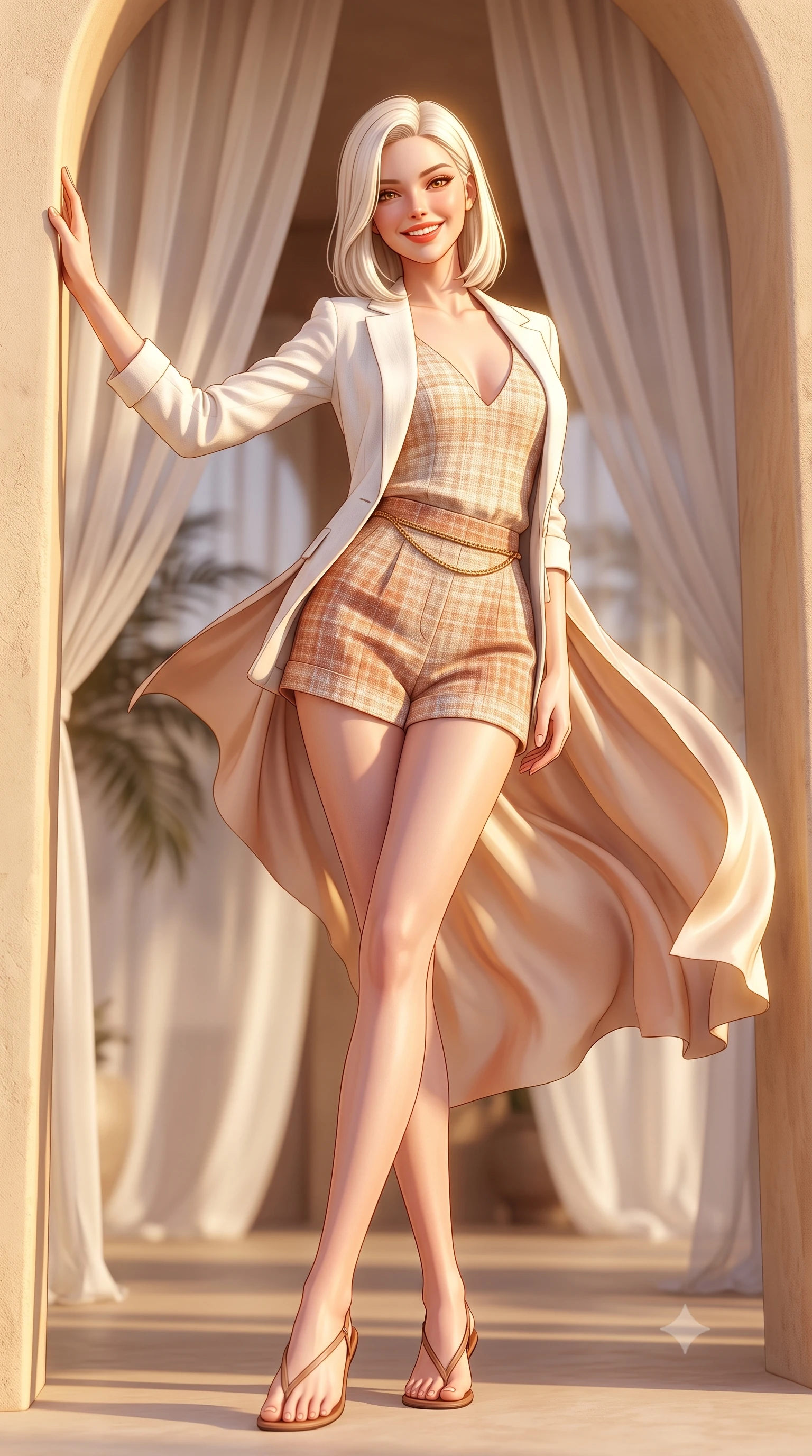 score_9, masterpiece, best quality, ultra-detailed, high-budget anime keyframe, semi-realistic 3D game render, editorial fashion photography, tasteful artistic composition, Caucasian woman. low angle full-body shot from head to toe showing her feet, filling the entire 9:16 vertical frame with her statuesque presence, stretching her vertical silhouette. leaning deep against the sunlit villa archway with hips cocked back in a cute yet unapologetically alluring high-fashion stance, flashing a warm beaming smile while twisting her slender torso in an alluring S-curve as desert breezes mold her flowing silk resort cape against her narrow waist and curvy hips. The composition keeps background elements in soft focus with dreamy creamy bokeh. billowing sheer white pavilion curtains and palm silhouettes softened in Arabian nights luxury shallow focus. She has an exceptionally tall and slender model-like 8.5-heads proportion, an ultra-slim waist, a flat toned midriff, narrow delicate ribcage, and beautifully sculpted feminine hips creating a graceful, slim hourglass silhouette without any bulky heaviness, with impossibly long slender legs. sharp v-shaped jawline, high-bridge nose, sparkling amber-hazel eyes with depth, long lush eyelashes, glossy sun-kissed lips with a warm coral glaze, radiant teasing smile with sensual sunlit bedroom-eyes, exuding effortless old-money elegance and intoxicating sun-drenched allure, flawlessly proportioned anatomical accuracy, strict slender model proportions, natural body alignment, perfectly sculpted long slender limbs, ultra-slim waistline, clean dynamic posture without body distortion. wearing a breezy white linen tailored blazer worn over a plunging-V camisole and high-waisted tailored linen shorts in Mediterranean terracotta and warm oatmeal beige, tailored from soft pastel resort tweed with subtle gold thread shimmer, finished with a delicate gold snake chain belt resting loosely on her curvy hips, the form-fitting cut adhering flawlessly to her sculpted flat midriff and slender torso, emphasizing her long leg lines and perfectly proportioned willowy build. illuminated by desert sand bounce fill and sharp warm-gold rim lights carving her razor-sharp jawline, narrow waist, and curvy hips. highly saturated vibrant anime colors, detailed shading with soft gradients, rich glossy textures, high-contrast stereoscopic depth, volumetric dynamic lighting, master piece, 9:16 ratio