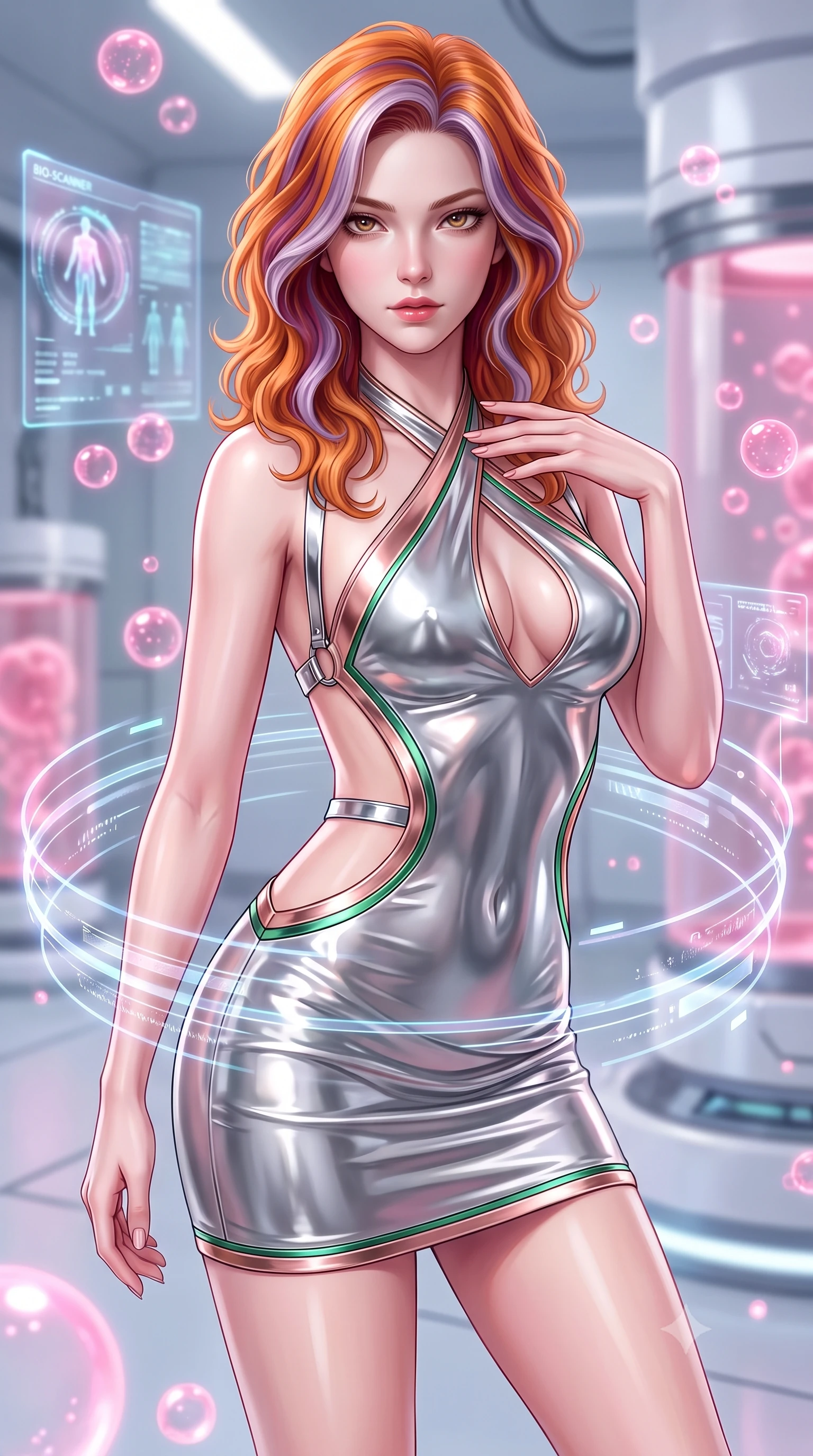 score_9, masterpiece, best quality, ultra-detailed, high-budget anime keyframe, semi-realistic 3D game render, editorial fashion photography, tasteful artistic composition, Caucasian woman. close-up cowboy shot from the waist and thighs up, the character dominates the composition, filling the frame with her large presence. leaning forward with a dangerous, enticing smolder, resting one hand near her collarbone while casting a fiery, magnetic direct gaze while pivoting dynamically in a pristine high-tech bio-lab as holographic diagnostic rings swirl around her. The composition keeps background elements in soft focus with creamy bokeh. glowing pink nano-fluid bubbles and holographic bio-scanners blurred into soft, dreamy ambient bokeh. She has an exceptionally elegant, slender, and willowy female figure with an ultra-slim waist, a gracefully sculpted slender torso, and a refined silhouette. sharp v-shaped jawline, high-bridge nose, intricate jewel-like eyes with depth, thick eyelashes, glossy lips with a natural sheen, flawlessly proportioned anatomical accuracy, natural body alignment, perfectly sculpted elegant limbs, clean dynamic posture without body distortion. wearing a molten silver liquid-metal mini dress featuring deep side-waist cutouts and a daring crossover halter neckline in emerald green and metallic rose gold trim, crafted from ultra-reflective second-skin latex with a glass-like polish, reinforced by a sleek metallic chrome harness and delicate glowing micro-straps, the form-contouring second-skin material highlighting her ultra-slim waist and long lines. surrounded by a sterile yet deeply seductive, ethereal, and pristine android rebirth atmosphere. highly saturated vibrant anime colors, detailed shading with soft gradients, rich glossy textures, high-contrast stereoscopic depth, volumetric dynamic lighting, master piece, 9:16 ratio