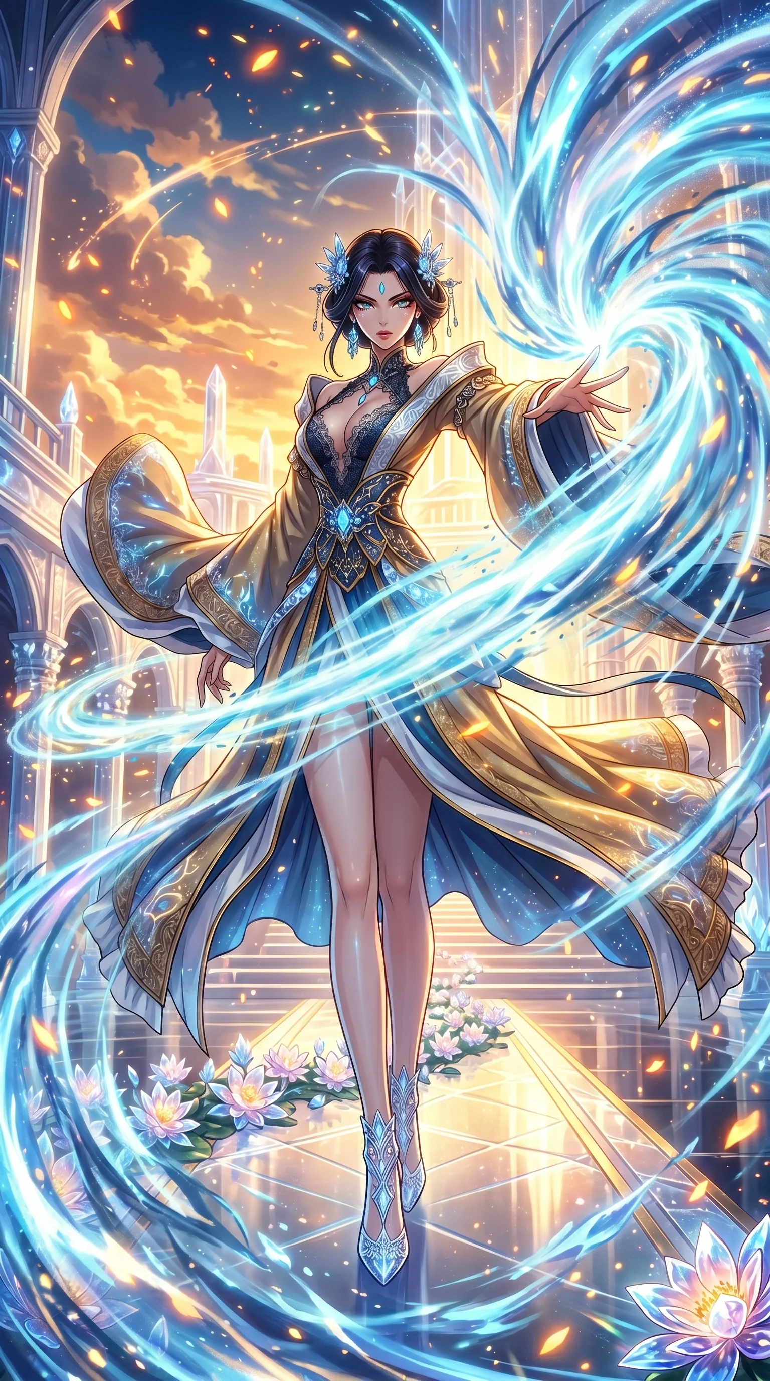 score_9, masterpiece, best quality, ultra-detailed, Set A: High-budget Anime Keyframe, Japanese woman. Low angle cowboy shot filling the entire 9:16 frame with her statuesque presence. Theme: Ethereal Dream. unleashing a massive energy wave in a temple made of solid light, while she leaves a trail of 196 blooming crystal flowers. The atmosphere is filled with golden hour with floating embers. She has an absolutely perfect 8-heads proportion, an exceptionally tall and slender female figure with impossibly long slender legs and an ultra-slim waist. Sharp v-shaped jawline, high-bridge nose, intricate jewel-like eyes with depth, glossy lips. Wearing Futuristic court-lady gown with massive sleeves and a deep-cut lace bodice. Cinematic lighting, vivid colors, dramatic shadows, 2k, ultra detail, master piece, 9:16 ratio