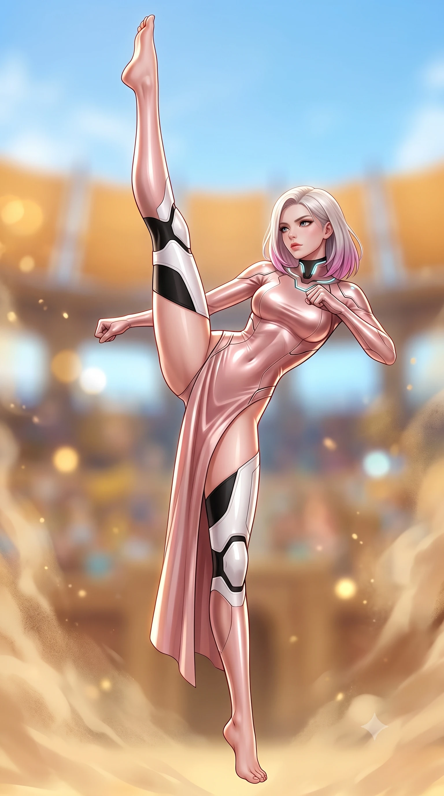 score_9, masterpiece, best quality, ultra-detailed, high-budget anime keyframe, semi-realistic 3D game render, editorial fashion photography, tasteful artistic composition, Caucasian woman. low angle full-body shot from head to toe showing her feet, filling the entire 9:16 vertical frame with her statuesque presence, stretching her vertical silhouette. executing a breathtaking zero-gravity high-kick with full 180-degree vertical extension, her impossibly long slender legs dominating the frame with razor-sharp poise while arching her back gracefully in mid-air with an athletic leap, her impossibly long slender legs stretched in flawless martial form. The composition keeps background elements in soft focus with creamy bokeh. holographic colosseum spectator galleries and swirling sand dust blurred into rich golden amber and sky-blue bokeh. She has an absolutely perfect, statuesque 8.5-heads proportion, an exceptionally tall and slender model-like female figure with impossibly long slender legs, a toned flat midriff, and an ultra-slim waist. sharp v-shaped jawline, high-bridge nose, intricate jewel-like eyes with depth, thick eyelashes, glossy lips with a natural sheen, flawlessly proportioned anatomical accuracy, strict slender model proportions, natural body alignment, perfectly sculpted long slender limbs, ultra-slim waistline, clean dynamic posture without body distortion. wearing a form-fitting luminous rose-gold carbon combat gown with tactical high leg slits and flexible kinetic knee articulation in monochrome white enamel carbon with high-contrast black panels, made of liquid carbon-jersey fabric adhering flawlessly to her sculpted silhouette, featuring a sleek aerodynamic collar framed by subtle glowing cybernetic status LEDs, the glove-like aerodynamic second-skin fit tightly clinging to her ultra-slender waist and athletic curves without adding bulk, accentuating her razor-sharp statuesque lines and slim hourglass silhouette. illuminated by crisp white key lighting with sharp specular highlights tracing her ultra-slim waist and long legs. rich saturated anime colors with glowing neon highlights, detailed shading with soft gradients, rich glossy textures, high-contrast stereoscopic depth, volumetric dynamic lighting, master piece, 9:16 ratio