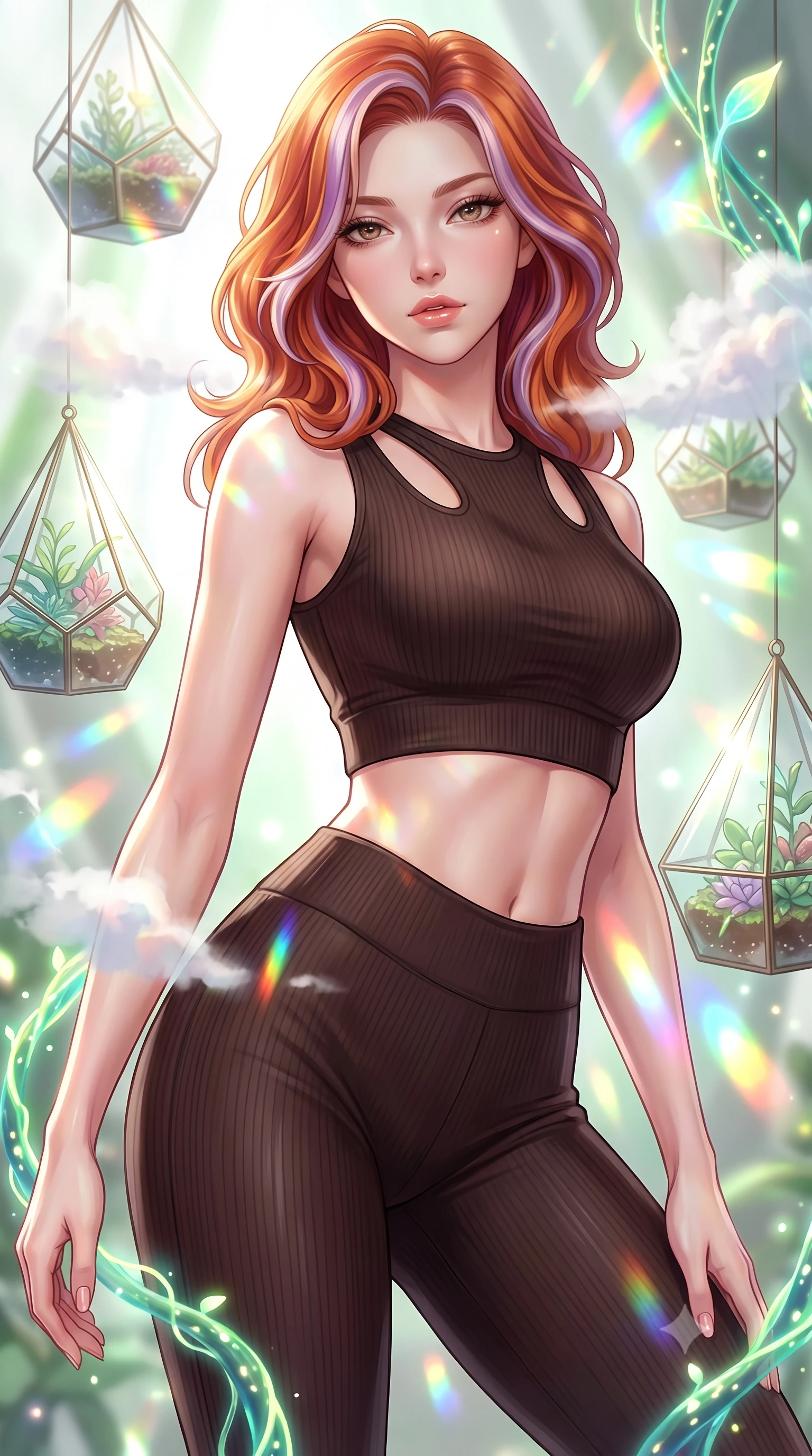 score_9, masterpiece, best quality, ultra-detailed, high-budget anime keyframe, editorial fashion photography, tasteful artistic composition, Caucasian woman. close-up cowboy shot from the waist and thighs up, the character dominates the composition, filling the frame with her large presence, background elements kept in soft focus. Leaning slightly forward with a composed, seductive gaze under soft glowing light surrounded by floating glass terrariums and radiant biomorphic vines, steam clouds refracting sunlight into brilliant rainbow prisms. She has an exceptionally elegant, slender, and willowy female figure with an ultra-slim waist, a gracefully sculpted slender torso, and a refined silhouette. sharp v-shaped jawline, high-bridge nose, intricate jewel-like eyes with depth, thick eyelashes, glossy lips with a natural sheen. wearing a form-fitting ribbed activewear set in espresso brown with elegant collar cutouts, the tailored fabric tightly following every curve of her athletic build. surrounded by a bright, airy ambiance with radiant white and green highlights. highly saturated vibrant anime colors, detailed shading with soft gradients, rich glossy textures, high-contrast stereoscopic depth, volumetric dynamic lighting, master piece, 9:16 ratio