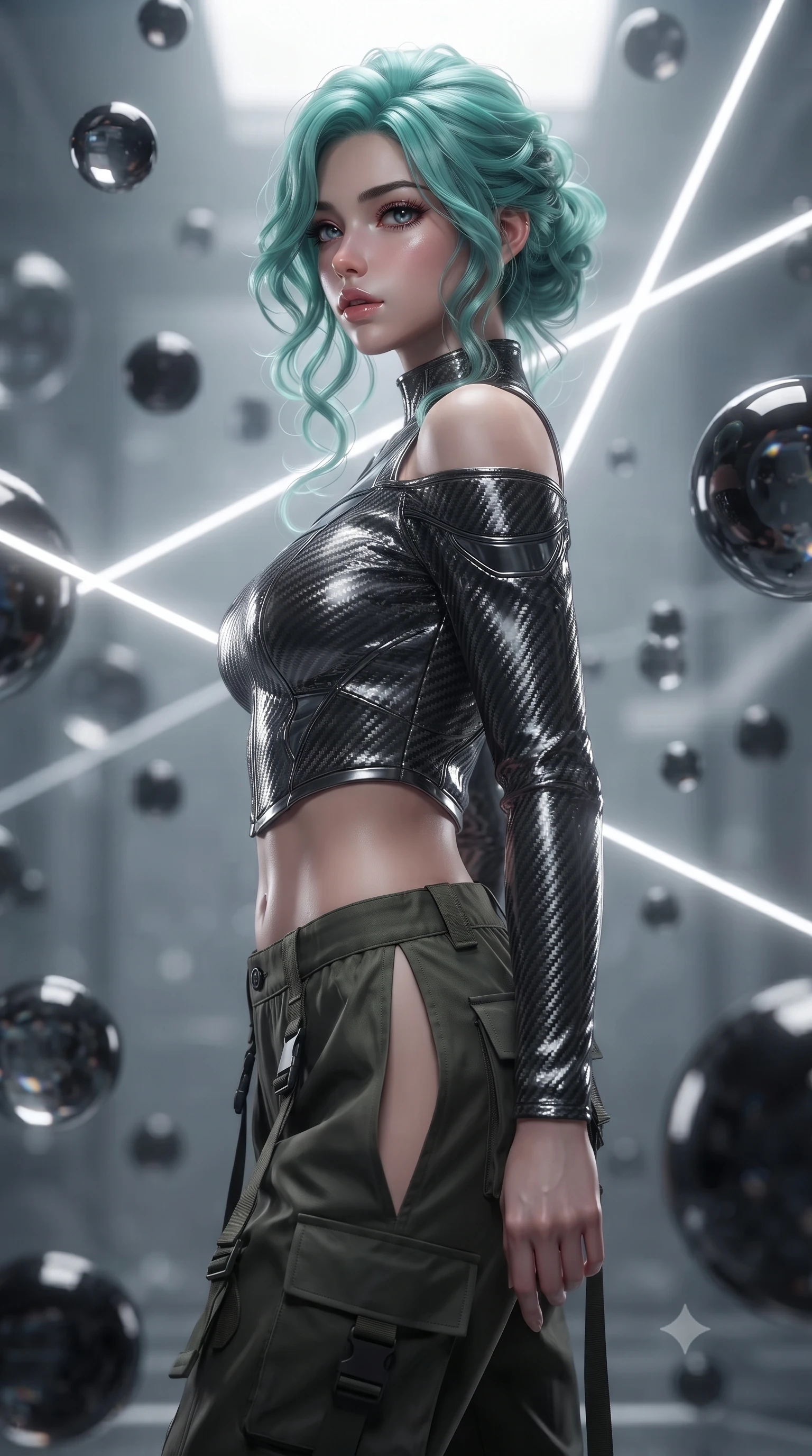 score_9, masterpiece, best quality, ultra-detailed, high-budget anime keyframe, editorial fashion photography, tasteful artistic composition, Japanese woman. close-up cowboy shot from the waist and thighs up, the character dominates the composition, filling the frame with her large presence, background elements kept in soft focus. turning her face in profile to look over her shoulder, casting a smoldering side gaze with lips slightly parted, the background shows a soft-focus a gravity lensing chamber filled with floating obsidian spheres. She has an exceptionally elegant, slender, and willowy female figure with an ultra-slim waist, a gracefully sculpted slender torso, and a refined silhouette. sharp v-shaped jawline, high-bridge nose, intricate jewel-like eyes with depth, thick eyelashes, glossy lips with a natural sheen. wearing a slim-fit off-shoulder carbon-fiber armor top paired with high-slit tactical cargo pants, showing her delicately sculpted midriff. high-contrast chiaroscuro shadows created by white laser confinement beams. ultra-reflective glossy finish, specular highlights, metallic sheen, high-contrast stereoscopic depth, volumetric dynamic lighting, 2k, ultra detail, master piece, 9:16 ratio