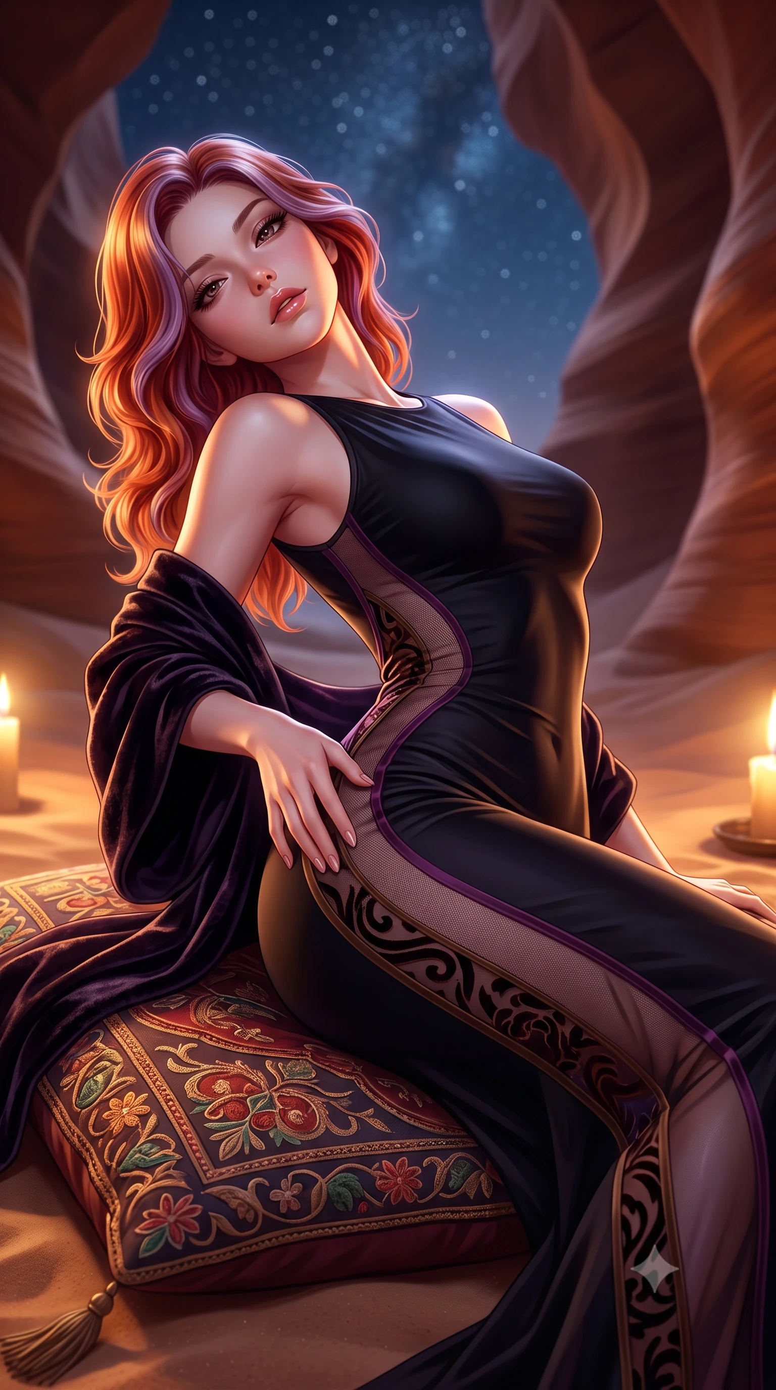 score_9, masterpiece, best quality, ultra-detailed, high-budget anime keyframe, semi-realistic 3D game render, editorial fashion photography, tasteful artistic composition, Caucasian woman. close-up cowboy shot from the waist and thighs up, the character dominates the composition, filling the frame with her large presence. arching her spine backward with effortless dancer poise, one hand sliding along her hip line as directional light carves specular highlights along her silhouette while reclining across an embroidered bedouin cushion on the desert sand, her slender waist and feminine curves sculpted by warm candlelight and desert stars. The composition keeps background elements in soft focus with creamy bokeh. curving sandstone slot canyon walls and starry desert night sky softened in magical oriental shallow focus. She has an exceptionally elegant, slender, and willowy female figure with an ultra-slim waist, flat toned midriff, narrow ribcage, and sculpted feminine hips creating an alluring, slim hourglass silhouette without bulk. sharp v-shaped jawline, high-bridge nose, intricate jewel-like eyes with depth, thick eyelashes, glossy parted lips with a natural sheen, intensely captivating and seductive bedroom-eyes expression, flawlessly proportioned anatomical accuracy, strict slender model proportions, natural body alignment, perfectly sculpted long slender limbs, ultra-slim waistline, clean dynamic posture without body distortion. wearing a second-skin black silk jersey maxi dress with asymmetrical sheer mesh side panels tracing the full curve of her hip in deep plum violet and antique bronze, made of sheer contouring power-mesh with velvet flocking patterns, complemented by a plush velvet shawl draped loosely over her elbows, the form-contouring material adhering flawlessly to her sculpted flat midriff and slender torso, emphasizing her long leg lines and perfectly proportioned willowy build. illuminated by warm sandstone ambient reflections sharply contouring her razor-sharp jawline, narrow waist, and curvy hips. highly saturated vibrant anime colors, detailed shading with soft gradients, rich glossy textures, high-contrast stereoscopic depth, volumetric dynamic lighting, master piece, 9:16 ratio