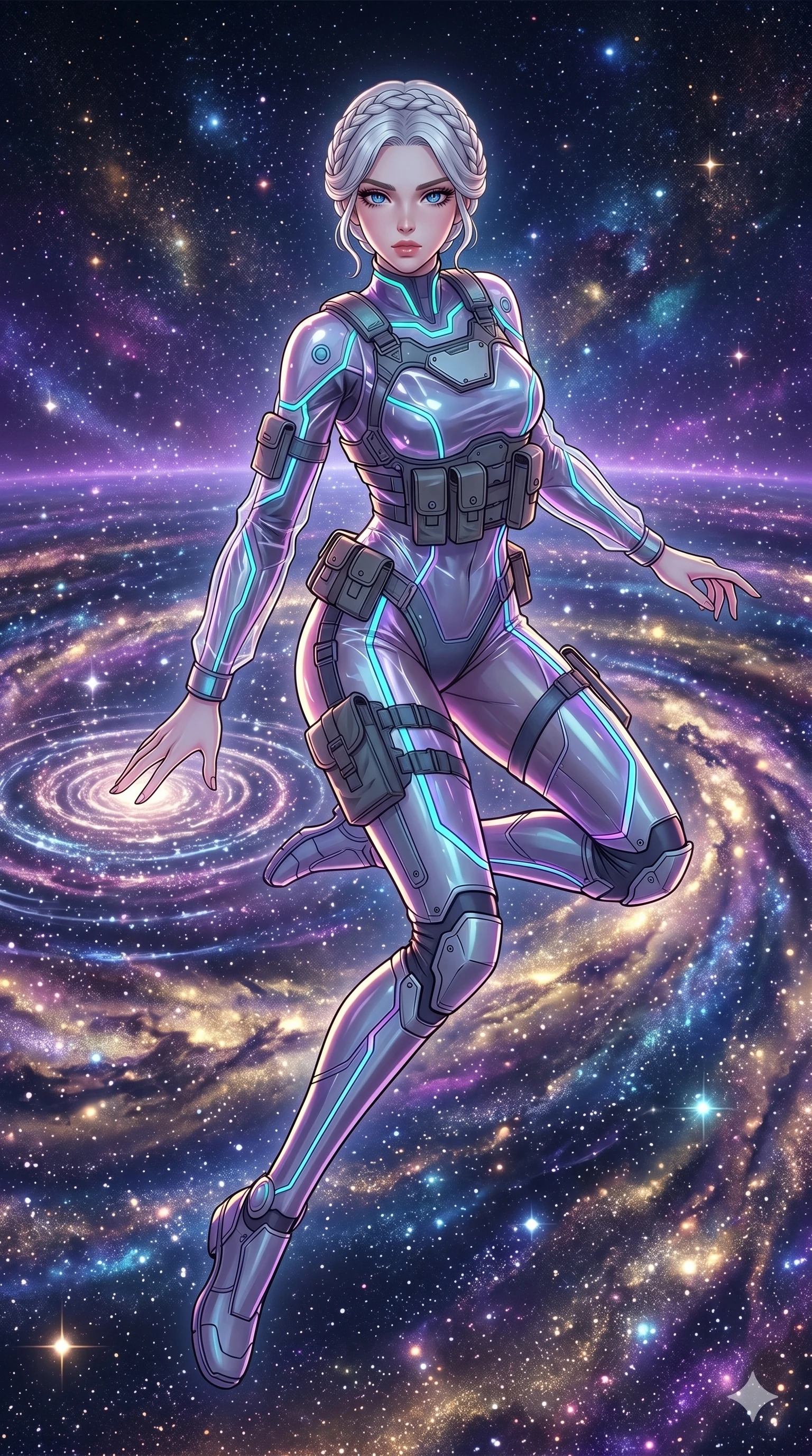 score_9, masterpiece, best quality, ultra-detailed, high-budget anime movie keyframe, cinematic anime lighting, intricate line art, Caucasian (strictly human ears) anime girl. Mid-air action shot capturing a graceful twist and vertical silhouette. kneeling at the edge of a sea of stars, touching the surface. She has an absolutely perfect 8-heads proportion, an exceptionally tall and slender female figure with an ultra-slim waist and impossibly long slender legs. strictly human anatomy, two legs only, no extra limbs, clearly defined legs and arms, perfect anatomy, perfect hands and fingers. sharp v-shaped jawline, high-bridge nose, intricate jewel-like eyes, thick eyelashes, glossy lips. Wearing Tech-Fantasy: Cybernetic tech-suit with glowing seams, translucent PVC over leotard, and modular tactical gear. The scene is illuminated by dramatic atmospheric lighting and vibrant color palettes. , 2k, ultra detail, master piece, 9:16 ratio