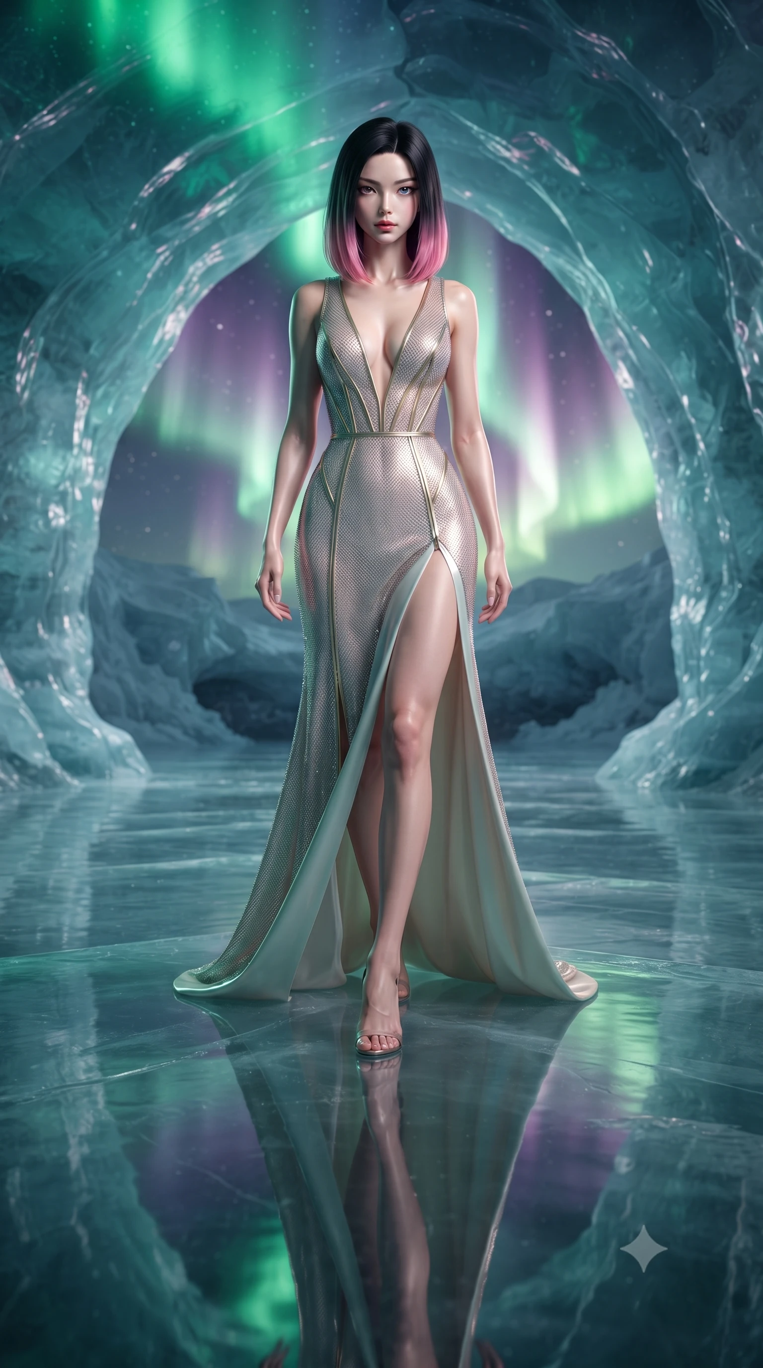 score_9, masterpiece, best quality, ultra-detailed, high-budget anime keyframe, editorial fashion photography, tasteful artistic composition, Korean woman. low angle full-body shot from head to toe showing her feet, filling the entire 9:16 vertical frame with her statuesque presence, stretching her vertical silhouette. stepping gracefully through the radiant environment, stretching her statuesque silhouette, walking beneath massive ice arches that refract emerald and violet polar lights, translucent glacial floor creating a crystal mirror reflection of her posture. She has an absolutely perfect, statuesque 8.5-heads proportion, an exceptionally tall and slender model-like female figure with impossibly long slender legs and an ultra-slim waist. sharp v-shaped jawline, high-bridge nose, intricate jewel-like eyes with depth, thick eyelashes, glossy lips with a natural sheen. wearing deep plunging V-neckline champagne silk gown with daring high thigh slit in pale opal seafoam, made of fine silver contouring mesh, finished with metallic gold boning and sleek zipper points, accentuating her gracefully sculpted slender torso. illuminated by shifting aurora borealis palette (emerald green, violet, rose gold) from above. ultra-reflective glossy finish, specular highlights, metallic sheen, high-contrast stereoscopic depth, volumetric dynamic lighting, 2k, ultra detail, master piece, 9:16 ratio