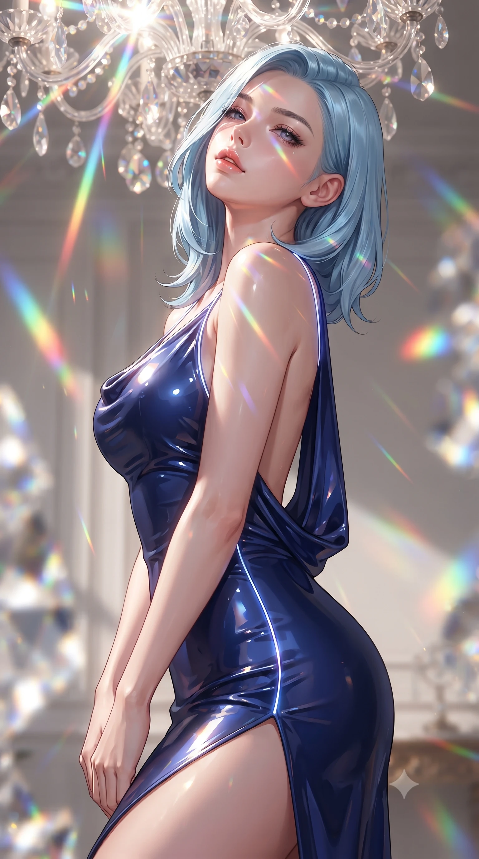 score_9, masterpiece, best quality, ultra-detailed, high-budget anime keyframe, editorial fashion photography, tasteful artistic composition, Korean woman. close-up cowboy shot from the waist and thighs up, the character dominates the composition, filling the frame with her large presence. tilting her head back with a sensual alluring expression, exposing her throat and shoulders to the camera with heavy lashes and softly parted glossy lips while pausing beneath a crystal chandelier refracting sunlight into dazzling rainbow rays across her skin. The composition keeps background elements in soft focus with creamy bokeh. vibrant rainbow spectrum light beams and crystal facets blurred into dazzling prismatic bokeh. She has an exceptionally elegant, slender, and willowy female figure with an ultra-slim waist, a gracefully sculpted slender torso, toned flat midriff, and a refined slim silhouette. sharp v-shaped jawline, high-bridge nose, intricate jewel-like eyes with depth, thick eyelashes, glossy lips with a natural sheen, flawlessly proportioned anatomical accuracy, strict slender model proportions, natural body alignment, perfectly sculpted long slender limbs, ultra-slim waistline, clean dynamic posture without body distortion. wearing a precision-fitted liquid jersey bodycon dress with a dramatic draped cowl back that swoops down to her waist and a high side slit in deep royal navy blue and specular chrome, formed from high-gloss patent material with specular light reflections, accented with glowing fiber-optic seams tracing her collarbones and hip curves, the sleek second-skin cut tightly hugging her graceful clavicle, narrow waist, and feminine curves with athletic precision. bathed in brilliant natural white daylight intersected by vivid saturated rainbow prism beams. ultra-reflective glossy finish, specular highlights, metallic sheen, high-contrast stereoscopic depth, volumetric dynamic lighting, 2k, ultra detail, master piece, 9:16 ratio