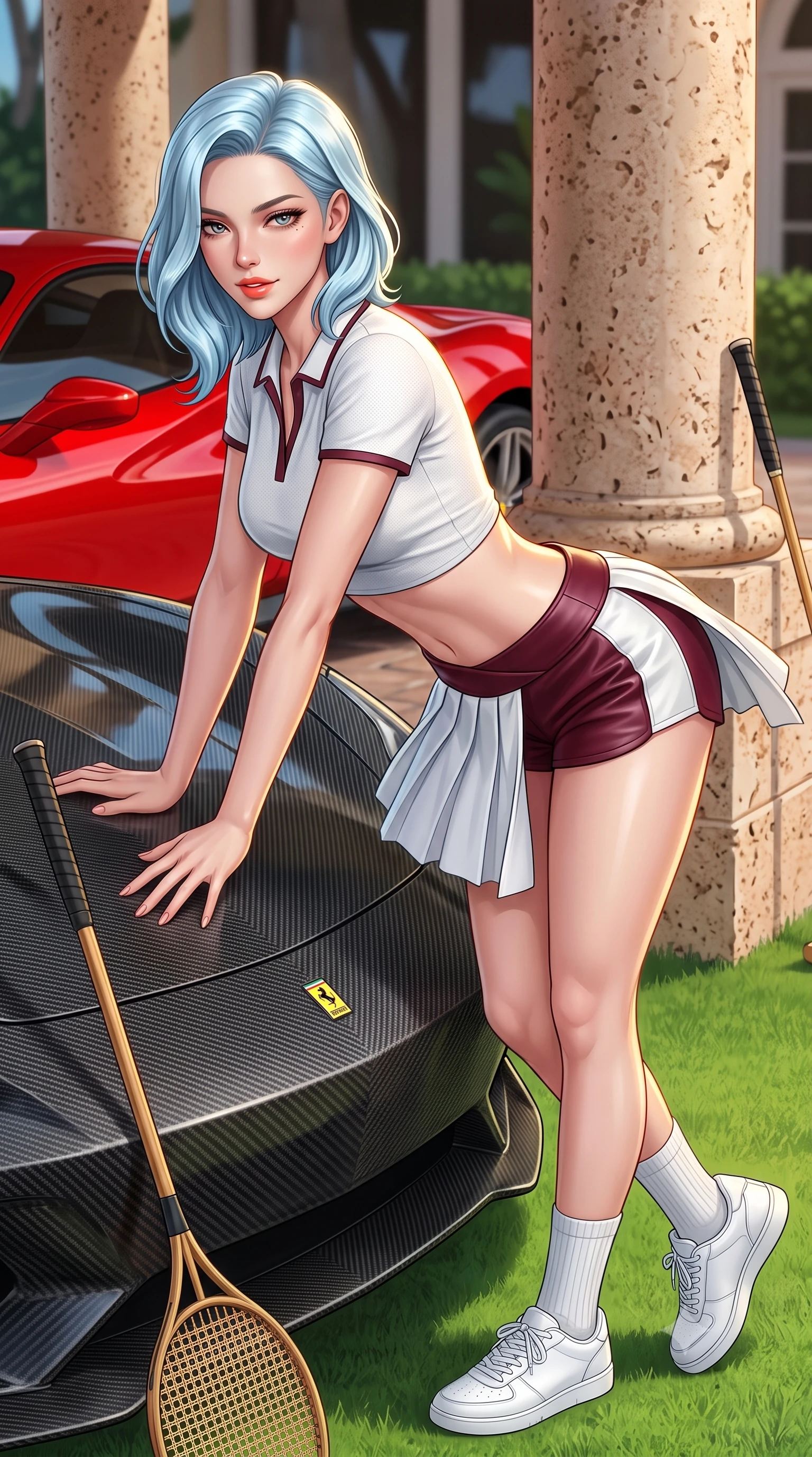 score_9, masterpiece, best quality, ultra-detailed, high-budget anime keyframe, semi-realistic 3D game render, editorial fashion photography, tasteful artistic composition, Korean woman. close-up cowboy shot from the waist and thighs up, the character dominates the composition, filling the frame with her large presence. leaning forward over the carbon car hood while arching her lower back to accentuate her curvy hips, looking into the camera with a confident smoldering smile and bedroom-eyes while twisting her slender torso in an alluring contrapposto stance, Florida ocean breezes fluttering her pleated tennis skirt around her curvy hips. The surrounding environment is rendered in vivid detail and crisp panoramic clarity: sharp Ferrari red enamel paint reflections, coral stone pillar textures, and polo mallet cane weave in deep focus. She has an exceptionally elegant, slender, and willowy female figure with an ultra-slim waist, flat toned midriff, narrow ribcage, and sculpted feminine hips creating an alluring, slim hourglass silhouette without bulk. sharp v-shaped jawline, high-bridge nose, sparkling eyes with athletic focus and depth, thick curled eyelashes, glossy parted lips with a natural coral-peach sheen, bright confident and coquettish smile with alluring bedroom-eyes, exuding both youthful sporty vigor and sovereign high-society glamour, flawlessly proportioned anatomical accuracy, strict slender model proportions, natural body alignment, perfectly sculpted long slender limbs, ultra-slim waistline, clean dynamic posture without body distortion. wearing a sleek piqué-knit tennis polo crop top with contrasting collar piping paired with low-rise white racing hot-pants in rich burgundy wine and crisp court white, crafted from supple buttery lambskin racing leather with a satin sheen, complemented by ribbed knit crew socks and clean white designer court sneakers, the high-waisted wrap tailoring accentuating her ultra-slim waistline and the enchanting curve of her feminine hips with alluring sporty charm. illuminated by green lawn bounce fill and sharp warm-gold rim lights defining her sculpted collarbones, ultra-slim waist, and curvy hips. highly saturated vibrant anime colors, detailed shading with soft gradients, rich glossy textures, high-contrast stereoscopic depth, volumetric dynamic lighting, master piece, 9:16 ratio