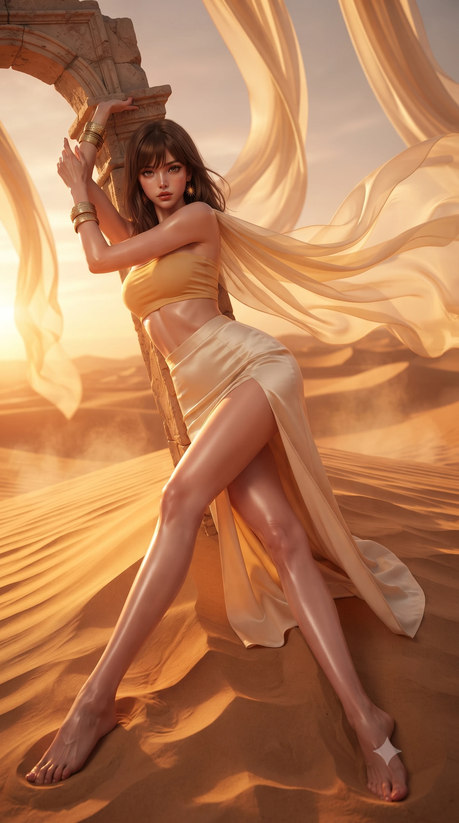 score_9, masterpiece, best quality, ultra-detailed, high-budget anime keyframe, editorial fashion photography, tasteful artistic composition, Korean woman. low angle full-body shot from head to toe showing her feet, filling the entire 9:16 vertical frame with her statuesque presence, stretching her vertical silhouette. leaning deep against the structural architecture with hips cocked in an unapologetically bold, seductive high-fashion stance while reclining on her side across the crest of a wind-sculpted golden sand dune, arching her lower back as desert sunset winds flutter her sheer silk cape. The composition keeps background elements in soft focus with creamy bokeh. billowing silk canopy drapes and rising desert heat haze softened in dreamy shallow focus. She has an absolutely perfect, statuesque 8.5-heads proportion, an exceptionally tall and slender model-like female figure with impossibly long slender legs, a toned flat midriff, an ultra-slim waist, and beautifully sculpted feminine hips. sharp v-shaped jawline, high-bridge nose, intricate jewel-like eyes with depth, thick eyelashes, glossy parted lips with a natural sheen, intensely captivating and seductive bedroom-eyes expression, flawlessly proportioned anatomical accuracy, strict slender model proportions, natural body alignment, perfectly sculpted long slender limbs, ultra-slim waistline, clean dynamic posture without body distortion. wearing a minimalist sun-drenched tube top paired with a draped high-waisted silk maxi skirt with a daring thigh slit in warm honey yellow and natural linen cream, tailored from ultra-smooth duchess satin with a pearlescent desert sheen, complemented by chunky hammered brass bangles and delicate sunburst earrings, the second-skin form-contouring cut accentuating her sculpted flat midriff, narrow waistline, and dramatically curvy hips without adding bulk. bathed in blazing crimson sunset backlighting and warm amber sand bounce lights. ultra-reflective glossy finish, specular highlights, rich textural contrasts, high-contrast stereoscopic depth, volumetric dynamic lighting, 2k, ultra detail, master piece, 9:16 ratio
