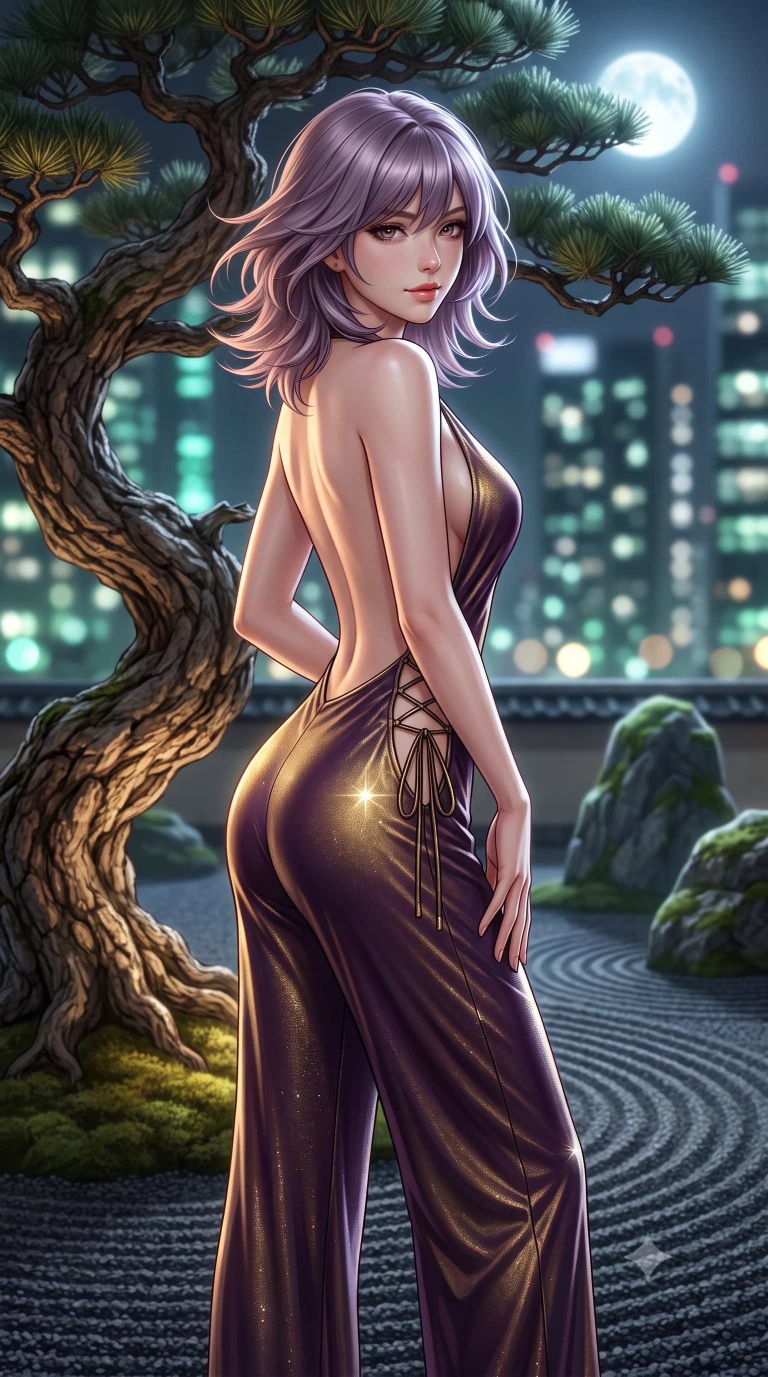 score_9, masterpiece, best quality, ultra-detailed, high-budget anime keyframe, semi-realistic 3D game render, editorial fashion photography, tasteful artistic composition, Japanese woman. close-up cowboy shot from the waist and thighs up, the character dominates the composition, filling the frame with her large presence. turning slowly with an enchanting smoldering smile, her glossy hair tossing in the breeze as her hips angle gracefully in a captivating contrapposto while standing poised beside a twisted hundred-year-old bonsai pine with hips cocked back, looking into the camera with an enchanting smoldering gaze. The background shows a soft-focus raked concentric ripple patterns in dark gravel, sculptural moss-covered boulders, and towering Tokyo skyscraper lights blurred into jade, charcoal, and starlight bokeh. She has an exceptionally elegant, slender, and willowy female figure with an ultra-slim waist, flat toned midriff, narrow ribcage, and sculpted feminine hips creating an alluring, slim hourglass silhouette without bulk. sharp v-shaped jawline, high-bridge nose, sparkling eyes with hypnotic seductive depth, thick curled eyelashes, glossy parted lips with a natural dewy peach sheen, alluring bedroom-eyes with an enchanting coquettish smile, exuding magnetic siren charisma and sophisticated glamour, flawlessly proportioned anatomical accuracy, strict slender model proportions, natural body alignment, perfectly sculpted long slender limbs, ultra-slim waistline, clean dynamic posture without body distortion. wearing a backless plunge-front silk satin jumpsuit with fluid wide-leg silhouette and side hip cutouts in rich dark plum violet and gilded antique brass, woven from stretch metallic lurex jersey casting radiant starlight glints across her silhouette, featuring fine criss-cross lace-up side ties revealing tantalizing glimpses of her hip curve, the precision-cut side openings and low-back scoop framing her graceful spine and the sensual sweep of her slim, toned hips. bathed in soft 2800K low-voltage garden ground spotlights highlighting the bonsai pine mixed with full moon sky glow. highly saturated vibrant anime colors, detailed shading with soft gradients, rich glossy textures, high-contrast stereoscopic depth, volumetric dynamic lighting, master piece, 9:16 ratio
