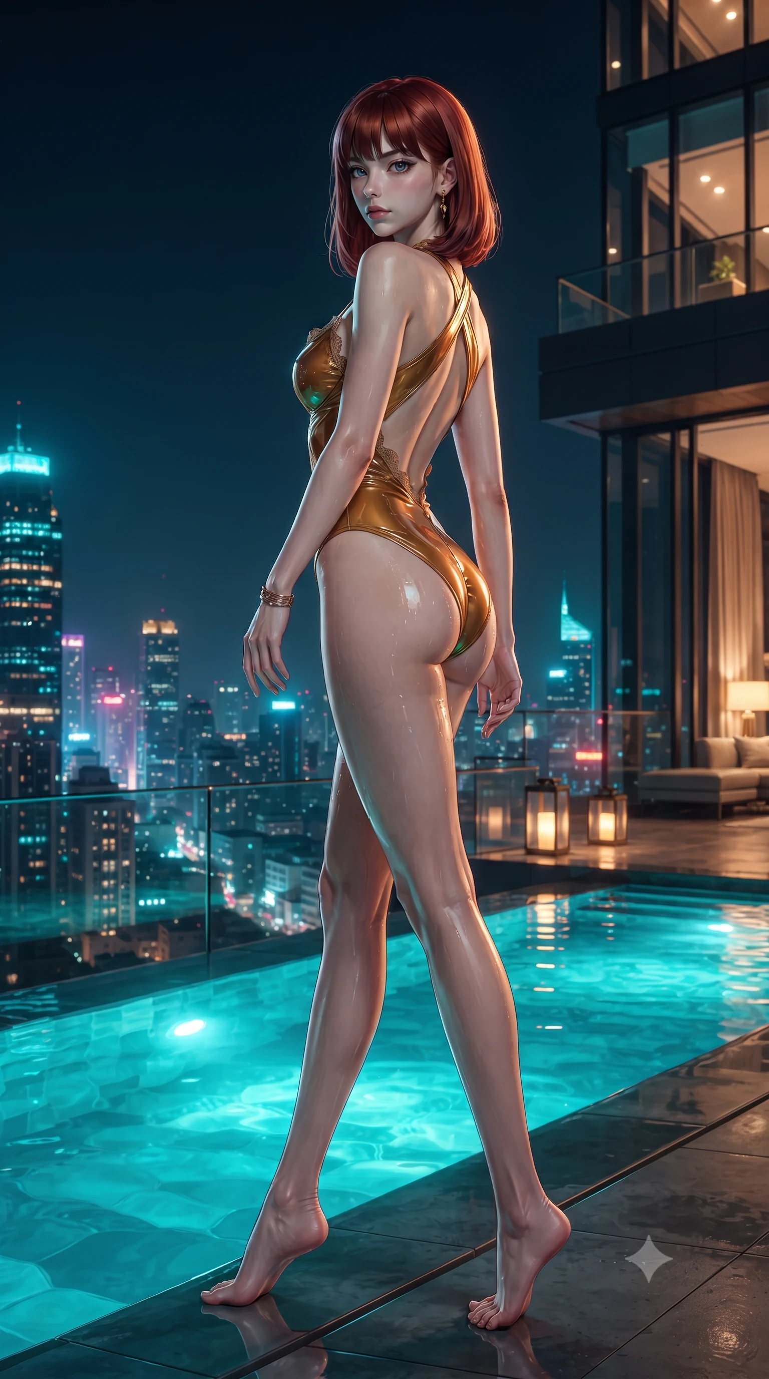 score_9, masterpiece, best quality, ultra-detailed, high-budget anime keyframe, editorial fashion photography, tasteful artistic composition, Caucasian woman. low angle full-body shot from head to toe showing her feet, filling the entire 9:16 vertical frame with her statuesque presence, stretching her vertical silhouette. stepping slowly toward the camera with hypnotic grace, hips swaying in an alluring sensual rhythm that accentuates her curvy hourglass silhouette and long slender legs while standing perched at the edge of the glass infinity pool high above the neon city, arching her back with breathless siren glamour and glancing back over a bare shoulder. The surrounding environment is rendered in vivid detail and crisp panoramic clarity: detailed wet fabric cling texture, subtle gold jewelry glints, and ultra-modern penthouse architecture in razor-sharp precision. She has an absolutely perfect, statuesque 8.5-heads proportion, an exceptionally tall and slender model-like female figure with impossibly long slender legs, an ultra-slim waist, a flat toned midriff, narrow delicate ribcage, and beautifully sculpted feminine hips creating a graceful, slim hourglass silhouette without any bulky heaviness. sharp v-shaped jawline, high-bridge nose, sparkling eyes with hypnotic seductive depth, thick curled eyelashes, glossy parted lips with a natural dewy peach sheen, alluring bedroom-eyes with an enchanting coquettish smile, exuding magnetic siren charisma and sophisticated high-fashion glamour, flawlessly proportioned anatomical accuracy, strict slender model proportions, natural body alignment, perfectly sculpted long slender limbs, ultra-slim waistline, clean dynamic posture without body distortion. wearing a criss-cross halterneck keyhole bodysuit with open back and sculpted waist darts in warm amber honey and antique gold leaf, crafted from wet-look high-gloss vinyl fabric with dazzling specular surface reflections, finished with scalloped eyelash lace trim framing her sweetheart neckline with intimate elegance, the precision-cut side openings and low-back scoop framing her graceful spine and the sensual sweep of her slim, toned hips. bathed in luminous turquoise underwater pool illumination paired with warm amber lantern glow. ultra-reflective glossy finish, specular highlights, rich textural contrasts, high-contrast stereoscopic depth, volumetric dynamic lighting, 2k, ultra detail, master piece, 9:16 ratio