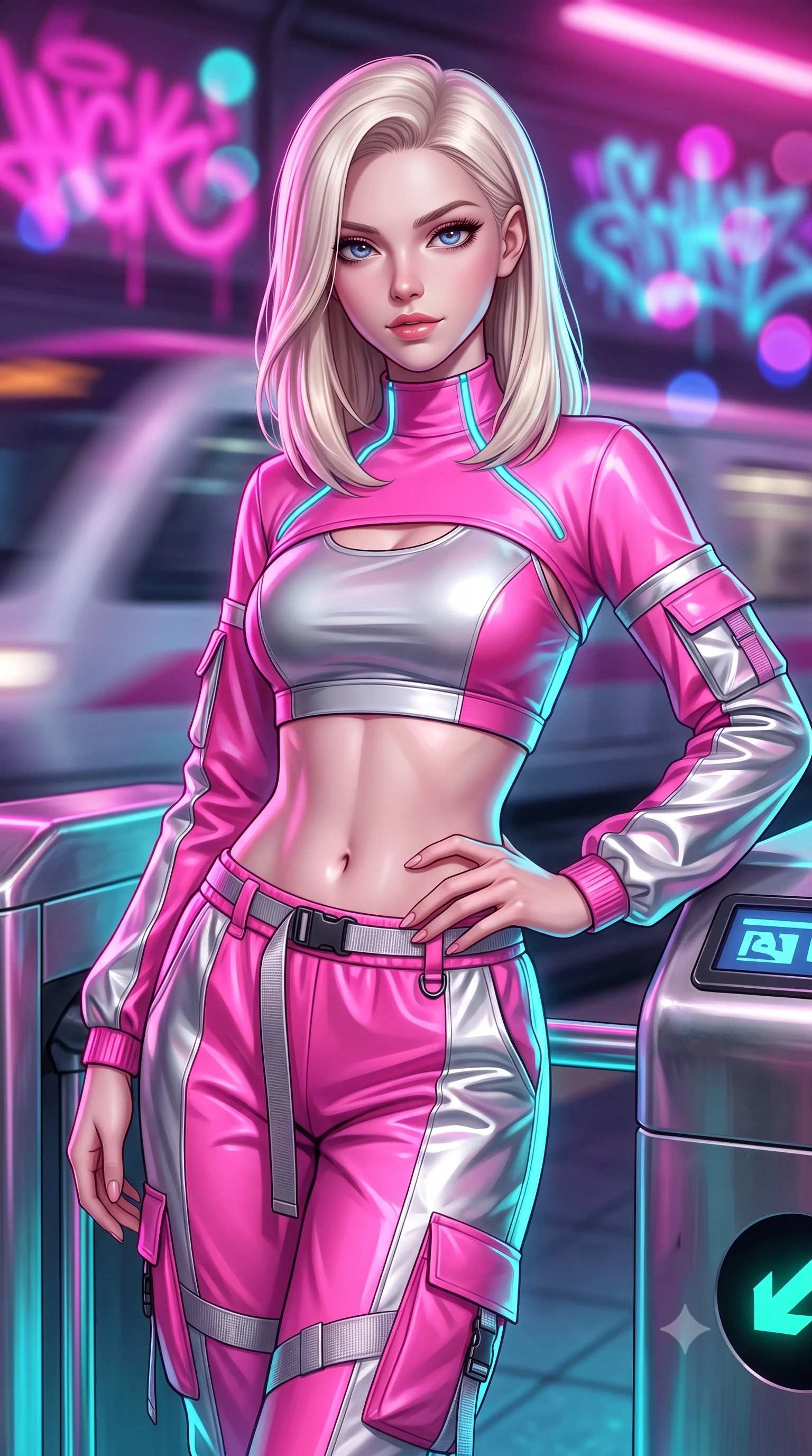 score_9, masterpiece, best quality, ultra-detailed, high-budget anime keyframe, semi-realistic 3D game render, editorial fashion photography, tasteful artistic composition, Caucasian woman. close-up cowboy shot from the waist and thighs up, the character dominates the composition, filling the frame with her large presence. smiling with subtle, enchanting allure and glossy parted lips, one hand resting on her waist with effortless supermodel poise while leaning against a retro-futuristic metallic subway turnstile with a fierce, rebellious streetwear smirk. The composition keeps background elements in soft focus with creamy bokeh. speeding maglev train motion blur and glowing neon graffiti tags blurred into vivid magenta, cyan, and violet bokeh. She has an exceptionally elegant, slender, and willowy female figure with an ultra-slim waist, a gracefully sculpted slender torso, toned flat midriff, and a refined slim silhouette. sharp v-shaped jawline, high-bridge nose, intricate jewel-like eyes with depth, thick eyelashes, glossy lips with a natural sheen, captivating and magnetic expression, flawlessly proportioned anatomical accuracy, strict slender model proportions, natural body alignment, perfectly sculpted long slender limbs, ultra-slim waistline, clean dynamic posture without body distortion. wearing an aerodynamic athletic crop pullover with detachable sleeves and high-waist techwear joggers in bright cyber pink and chrome silver, crafted from flexible reflective spandex and tactical webbing, finished with glowing cyan status conduits tracing her collarbones, the breezy yet form-flattering drape swaying gracefully with her steps, accentuating her long willowy limbs and slim waistline. bathed in high-contrast dual lighting of neon pink floodlights and electric cyan underlights. highly saturated vibrant anime colors, detailed shading with soft gradients, rich glossy textures, high-contrast stereoscopic depth, volumetric dynamic lighting, master piece, 9:16 ratio