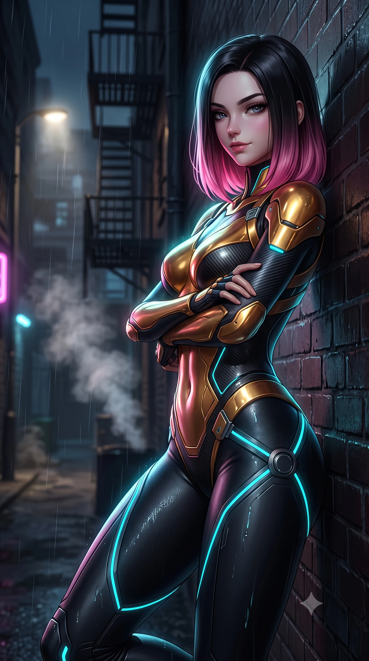 score_9, masterpiece, best quality, ultra-detailed, high-budget anime keyframe, semi-realistic 3D game render, editorial fashion photography, tasteful artistic composition, Korean woman. close-up cowboy shot from the waist and thighs up, the character dominates the composition, filling the frame with her large presence. resting one hand in a defensive deflective posture while glancing over her shoulder with thick eyelashes and a confident, smoldering combat half-smile while leaning against a rain-streaked brick wall with arms crossed loosely, casting a smoldering, haughty gaze into the lens. The composition keeps background elements in soft focus with creamy bokeh. dark alleyway fire escapes and rising steam plumes softened in moody shallow focus. She has an exceptionally elegant, slender, and willowy female figure with an ultra-slim waist, a gracefully sculpted slender torso, toned flat midriff, and a refined slim silhouette. sharp v-shaped jawline, high-bridge nose, intricate jewel-like eyes with depth, thick eyelashes, glossy lips with a natural sheen, flawlessly proportioned anatomical accuracy, strict slender model proportions, natural body alignment, perfectly sculpted long slender limbs, ultra-slim waistline, clean dynamic posture without body distortion. wearing a sculpted molten-gold and dark carbon cuirass paired with high-mobility combat leggings and kinetic energy channels in matte obsidian carbon black with electric cyan conduits, made of lightweight aerodynamic carbon-titanium alloy with polished edge bevels, reinforced by a sleek titanium kinetic harness and glowing micro-energy straps, the glove-like aerodynamic second-skin fit tightly clinging to her ultra-slender waist and athletic curves without adding bulk, accentuating her razor-sharp statuesque lines and slim hourglass silhouette. illuminated by wet reflective highlights tracing her sculpted flat midriff, waist, and long legs. rich saturated anime colors with glowing neon highlights, detailed shading with soft gradients, rich glossy textures, high-contrast stereoscopic depth, volumetric dynamic lighting, master piece, 9:16 ratio