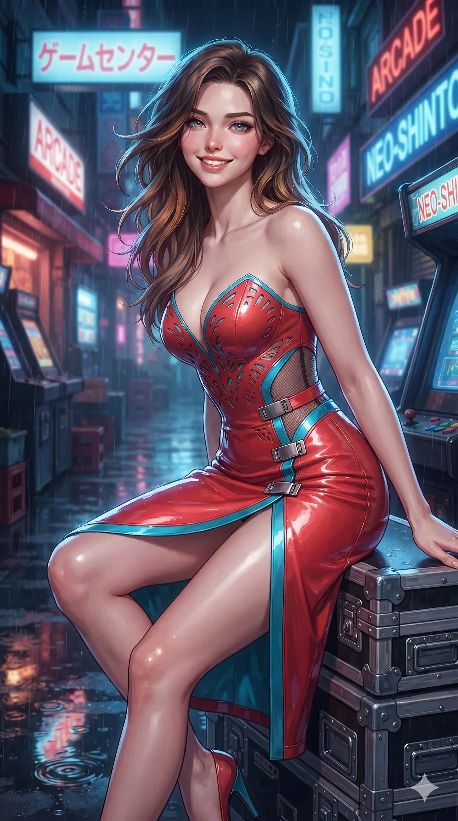score_9, masterpiece, best quality, ultra-detailed, high-budget anime keyframe, editorial fashion photography, tasteful artistic composition, Korean woman. close-up cowboy shot from the waist and thighs up, the character dominates the composition, filling the frame with her large presence. perched sideways on the lounge seat, one knee drawn up to showcase her slender leg line while her arched back accentuates her feminine hip curve while sitting gracefully on the arcade equipment case with legs crossed, flashing an enchanting smile with parted glossy lips. The background shows a soft-focus rain puddles reflecting arcade signs softened in cyberpunk market alley shallow focus. She has an exceptionally elegant, slender, and willowy female figure with an ultra-slim waist, flat toned midriff, narrow ribcage, and sculpted feminine hips creating an alluring, slim hourglass silhouette without bulk. sharp v-shaped jawline, high-bridge nose, intricate jewel-like sparkling eyes with depth, thick eyelashes, glossy parted lips with a natural peach sheen, bright cheerful beaming smile with an enchanting and coquettish sensual glint, exuding both youthful cute charm and seductive allure, flawlessly proportioned anatomical accuracy, strict slender model proportions, natural body alignment, perfectly sculpted long slender limbs, ultra-slim waistline, clean dynamic posture without body distortion. wearing an alluring plunging sweetheart bodice dress with sheer mesh side-waist cutouts contouring her ribs in cyber-shinto vermilion and laser turquoise, tailored from high-gloss patent leather with mirror-like specular highlights, finished with sleek magnetic buckle closures fluttering in the breeze, the high-slit wrap tailoring accentuating her ultra-slim waistline and the enchanting curve of her feminine hips with alluring seductive charm. illuminated by puddle reflection bounce and sharp neon-blue rim lights defining her jawline, narrow waist, and curvy hips. ultra-reflective glossy finish, specular highlights, rich textural contrasts, high-contrast stereoscopic depth, volumetric dynamic lighting, 2k, ultra detail, master piece, 9:16 ratio