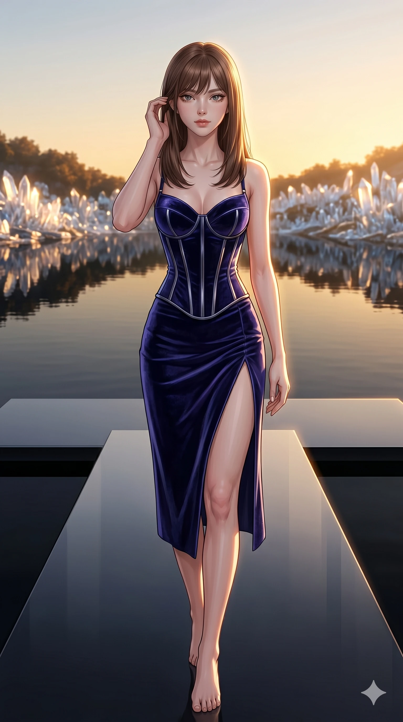 score_9, masterpiece, best quality, ultra-detailed, high-budget anime keyframe, editorial fashion photography, tasteful artistic composition, Korean woman. cowboy shot from the thighs up, character and outfit filling the frame for maximum editorial presence. Lifting one hand to gently tuck a strand of hair behind her ear, her movements fluid and slow on an obsidian pier overlooking a calm black lake reflecting glowing crystal shores. She has an absolutely perfect 8-heads proportion, an exceptionally tall and slender female figure with impossibly long slender legs and an ultra-slim waist. V-shaped jawline, high-bridge nose, intricate jewel-like eyes with depth, thick eyelashes, glossy lips with a natural sheen. wearing a structured velvet corset in deep indigo with metallic ribs, paired with a matching high-slit midi skirt. under warm golden hour backlighting, creating a luminous, radiant halo around her silhouette. 2k, ultra detail, master piece, 9:16 ratio