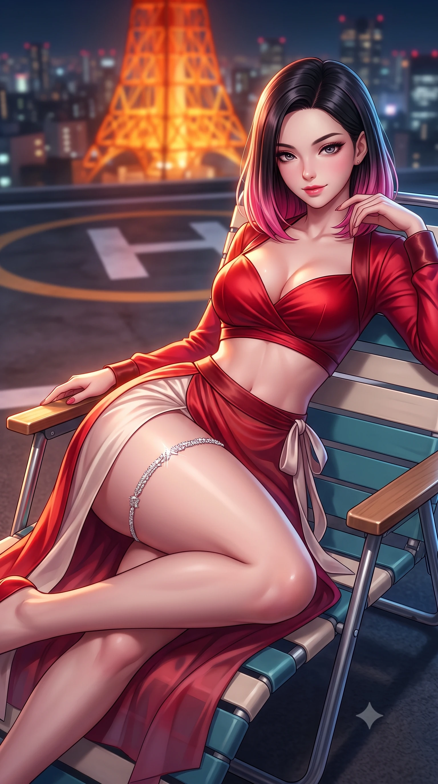 score_9, masterpiece, best quality, ultra-detailed, high-budget anime keyframe, semi-realistic 3D game render, editorial fashion photography, tasteful artistic composition, Korean woman. close-up cowboy shot from the waist and thighs up, the character dominates the composition, filling the frame with her large presence. perched sideways on the lounge seat, one knee drawn up to showcase her slender leg line while her arched back accentuates her feminine hip curve while lounging on an outdoor retro deck chair propped on one elbow, her flat midriff and long slender limbs framed by the glittering city. The background shows a soft-focus helicopter landing circle markings softened in breezy metropolitan rooftop shallow focus. She has an exceptionally elegant, slender, and willowy female figure with an ultra-slim waist, flat toned midriff, narrow ribcage, and sculpted feminine hips creating an alluring, slim hourglass silhouette without bulk. sharp v-shaped jawline, high-bridge nose, sparkling eyes with hypnotic seductive depth, thick curled eyelashes, glossy parted lips with a natural dewy peach sheen, alluring bedroom-eyes with an enchanting coquettish smile, exuding magnetic siren charisma and sophisticated glamour, flawlessly proportioned anatomical accuracy, strict slender model proportions, natural body alignment, perfectly sculpted long slender limbs, ultra-slim waistline, clean dynamic posture without body distortion. wearing a plunging sweetheart-neckline silk jeogori crop top paired with an ultra-high-slit translucent chima wrap skirt and satin briefs in royal vermilion crimson and pale ivory silk, woven from buttery-soft stretch lambskin leather adhering to her body like a second skin, accented with a delicate crystal-encrusted thigh garter strap glinting under the lights, the liquid-tight tailored fabric clinging flawlessly to her narrow waist and rounded feminine hips, emphasizing every millimeter of her sculpted slim hourglass curves without any bulky heaviness. bathed in the warm orange radiance of Tokyo Tower mixed with cool metropolitan night ambient fill. highly saturated vibrant anime colors, detailed shading with soft gradients, rich glossy textures, high-contrast stereoscopic depth, volumetric dynamic lighting, master piece, 9:16 ratio