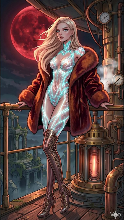 A cinematic 8-second video of a blonde woman in a fur-trimmed coat standin on a steampunk balcony. The lowin cyan lines on her bodysuit pulse softly. In the backround, a massive crimson moon hans in the dark sky. The camera slowly zooms in as steam v