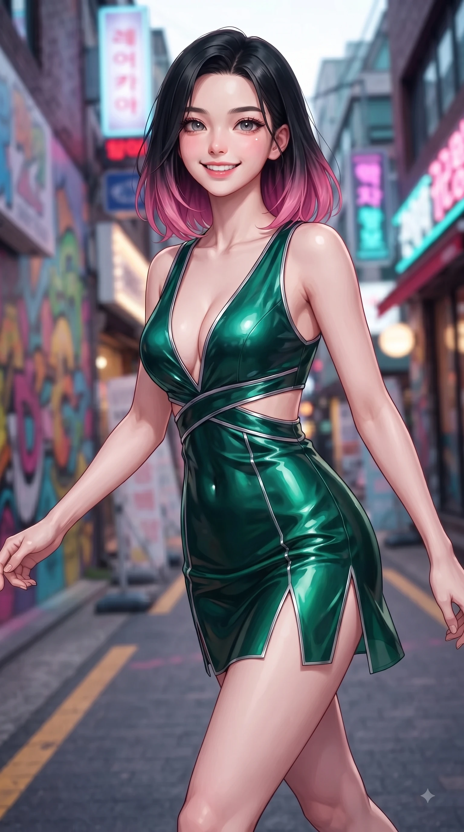 score_9, masterpiece, best quality, ultra-detailed, high-budget anime keyframe, editorial fashion photography, tasteful artistic composition, Korean woman. close-up cowboy shot from the waist and thighs up, the character dominates the composition, filling the frame with her large presence, background elements kept in soft focus. Cheerful beaming smile with sparkling eyes and a fresh girlhood aura, leaning forward with playful grace while walking dynamically down a vibrant Seongsu-dong alley lined with trendy fashion pop-up stores, vibrant urban street art and neon shop signs casting colorful ambient light around her. She has an exceptionally elegant, slender, and willowy female figure with an ultra-slim waist, a gracefully sculpted slender torso, and a refined silhouette. sharp v-shaped jawline, high-bridge nose, intricate jewel-like eyes with depth, thick eyelashes, glossy lips with a natural sheen, flawlessly proportioned anatomical accuracy, natural body alignment, perfectly sculpted elegant limbs, clean dynamic posture without body distortion. wearing a liquid mercury gloss mini dress with ultra-deep V-neck and waist cutouts in deep emerald green and silver accent, woven from fine semi-opaque sheer organza, finished with a sleek side slit ascending to mid-thigh, the tailored fabric tightly following every curve of her athletic build. illuminated by vibrant neon shop signs and crisp clear afternoon key light. ultra-reflective glossy finish, specular highlights, metallic sheen, high-contrast stereoscopic depth, volumetric dynamic lighting, 2k, ultra detail, master piece, 9:16 ratio