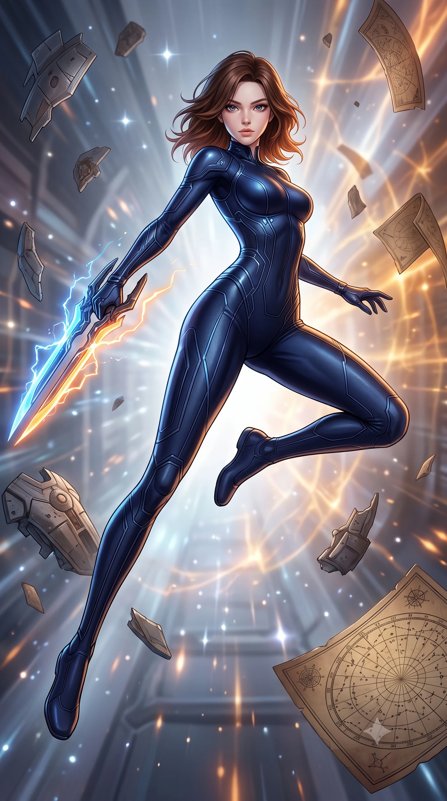 score_9, masterpiece, best quality, ultra-detailed, high-budget anime keyframe, editorial fashion photography, tasteful artistic composition, Korean woman. low angle full-body shot from head to toe showing her feet, filling the entire 9:16 vertical frame with her statuesque presence, stretching her vertical silhouette. leaping forward while slashing with a twin-bladed plasma sword in mid-air, her body-contouring suit showing her athletic silhouette, the background shows a soft-focus a temporal rift corridor filled with floating relics from ancient space empires. She has an absolutely perfect, statuesque 8.5-heads proportion, an exceptionally tall and slender model-like female figure with impossibly long slender legs and an ultra-slim waist. sharp v-shaped jawline, high-bridge nose, intricate jewel-like eyes with depth, thick eyelashes, glossy lips with a natural sheen. wearing a body-hugging body-hugging deep navy nano-texturing catsuit decorated with thin, glowing cybernetic circuitry lines. cool silver starlight clashing with amber stasis energy fields from the rift. highly saturated vibrant anime colors, detailed shading with soft gradients, rich glossy textures, high-contrast stereoscopic depth, volumetric dynamic lighting, master piece, 9:16 ratio