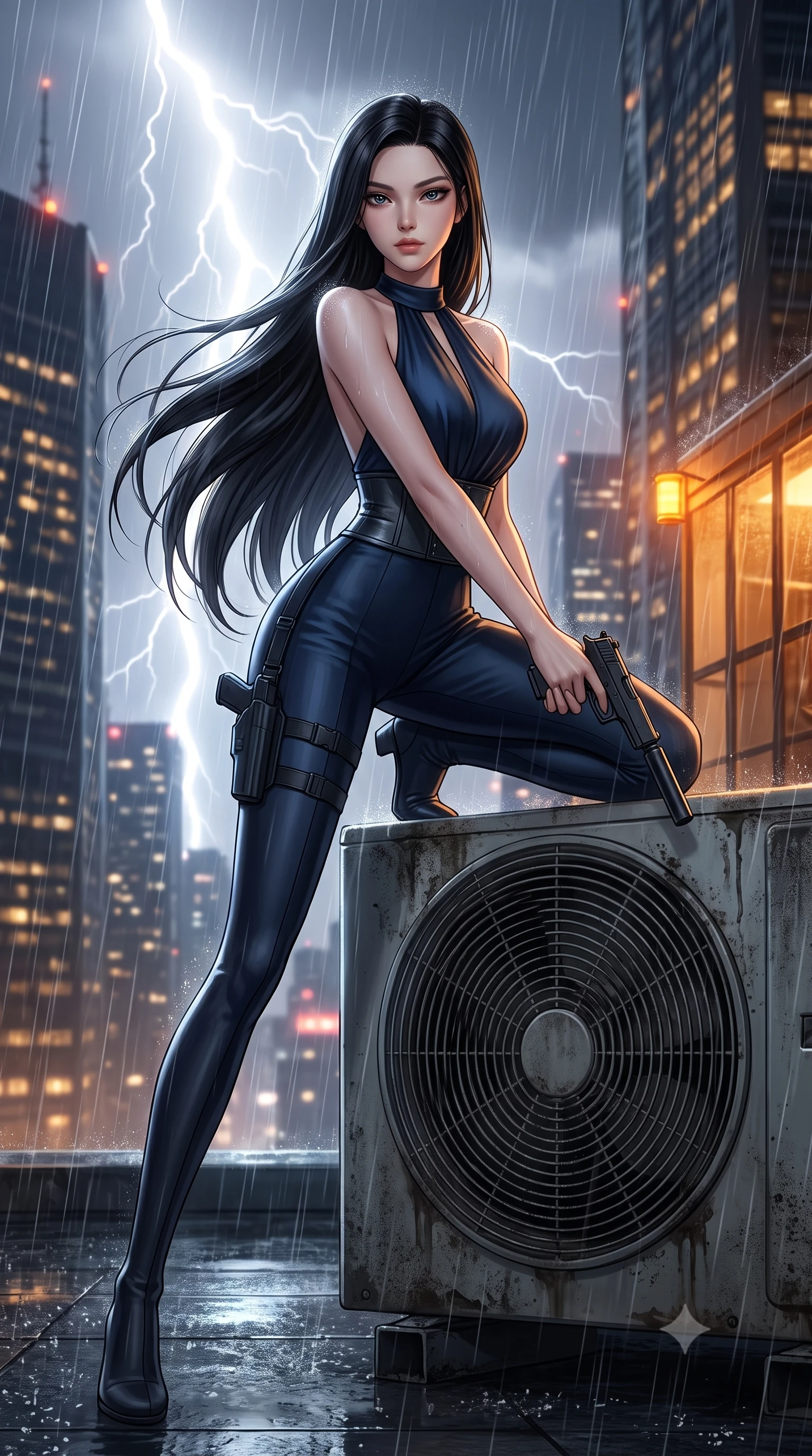 score_9, masterpiece, best quality, ultra-detailed, high-budget anime keyframe, semi-realistic 3D game render, editorial fashion photography, tasteful artistic composition, Korean woman. low angle full-body shot from head to toe showing her feet, filling the entire 9:16 vertical frame with her statuesque presence, stretching her vertical silhouette. standing poised with one hip cocked in an alluring high-fashion pose, her tall 8.5-heads proportions dominating the scene while drawing her sleek silenced sidearm in a fluid tactical draw while crouching behind an air-conditioning turbine unit. The surrounding environment is rendered in vivid detail and crisp panoramic clarity. intense neo-noir chiaroscuro and atmospheric rain-soaked metropolis action aesthetics rendered with precision. She has an absolutely perfect, statuesque 8.5-heads proportion, an exceptionally tall and slender model-like female figure with impossibly long slender legs, a toned flat midriff, and an ultra-slim waist. sharp v-shaped jawline, high-bridge nose, intricate jewel-like eyes with depth, thick eyelashes, glossy lips with a natural sheen, captivating and magnetic expression, flawlessly proportioned anatomical accuracy, strict slender model proportions, natural body alignment, perfectly sculpted long slender limbs, ultra-slim waistline, clean dynamic posture without body distortion. wearing a high-society undercover halter-neck jumpsuit with a tailored deep-V back and integrated tactical waist cincher in deep midnight blue and brushed gunmetal, tailored from fluid silk crepe with inner ballistic reinforcement, accessorized with a sleek concealed garter holster and pearl ear transmitter edition #31, the sleek tailored cut tightly hugging her graceful clavicle, narrow waist, and feminine curves with statuesque precision. bathed in blinding white storm lightning flash backlighting and warm amber perimeter beacon fill. highly saturated vibrant anime colors, detailed shading with soft gradients, rich glossy textures, high-contrast stereoscopic depth, volumetric dynamic lighting, master piece, 9:16 ratio