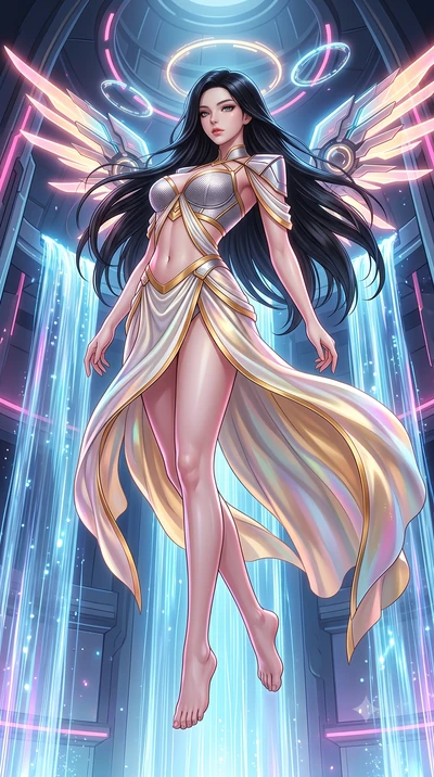 score_9, masterpiece, best quality, ultra-detailed, high-budget anime keyframe, semi-realistic 3D game render, editorial fashion photography, tasteful artistic composition, Korean woman. low angle full-body shot from head to toe showing her feet, fil