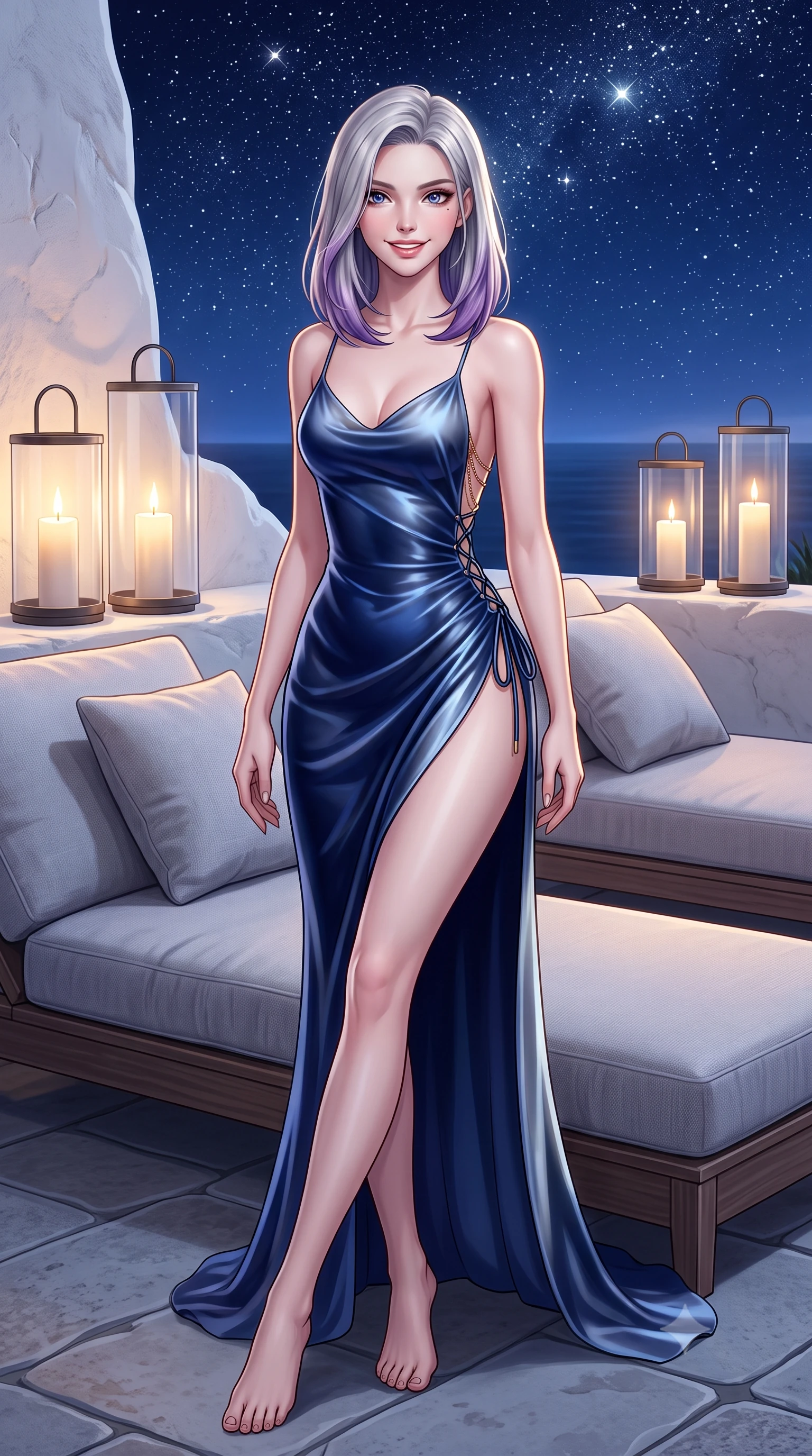 score_9, masterpiece, best quality, ultra-detailed, high-budget anime keyframe, semi-realistic 3D game render, editorial fashion photography, tasteful artistic composition, Caucasian woman. low angle full-body shot from head to toe showing her feet, filling the entire 9:16 vertical frame with her statuesque presence, stretching her vertical silhouette. reclining gracefully across the plush chaise lounge with one leg extended, her sculpted silhouette and flat midriff radiating magnetic nocturnal glamour while twisting her slender torso in an alluring S-curve beside the outdoor daybed, starlight and hurricane lamp glow tracing her narrow waist and hips. The surrounding environment is rendered in vivid detail and crisp panoramic clarity: sharp hand-plastered white masonry curves, natural limestone flagstone joints, and fine linen weave texture in deep focus. She has an exceptionally tall and slender model-like 8.5-heads proportion, an ultra-slim waist, a flat toned midriff, narrow delicate ribcage, and beautifully sculpted feminine hips creating a graceful, slim hourglass silhouette without any bulky heaviness, with impossibly long slender legs. sharp v-shaped jawline, high-bridge nose, intricate jewel-like sparkling eyes with depth, thick eyelashes, glossy parted lips with a natural peach sheen, bright cheerful beaming smile with an enchanting and coquettish sensual glint, exuding both youthful cute charm and seductive allure, flawlessly proportioned anatomical accuracy, strict slender model proportions, natural body alignment, perfectly sculpted long slender limbs, ultra-slim waistline, clean dynamic posture without body distortion. wearing a form-contouring sheer gossamer silk slip dress with side lace-up corset ties revealing glimpses of her hip curve in Thames nocturnal sapphire and liquid platinum, tailored from ultra-plush silk velvet with rich tactile depth and deep shadow gradients, accented with an open-back drape framed by falling strands of delicate gold chains, the high-slit wrap tailoring accentuating her ultra-slim waistline and the enchanting curve of her feminine hips with alluring seductive charm. bathed in the brilliant silver starlight of the unpolluted island sky mixed with oversized hurricane candle lanterns. highly saturated vibrant anime colors, detailed shading with soft gradients, rich glossy textures, high-contrast stereoscopic depth, volumetric dynamic lighting, master piece, 9:16 ratio