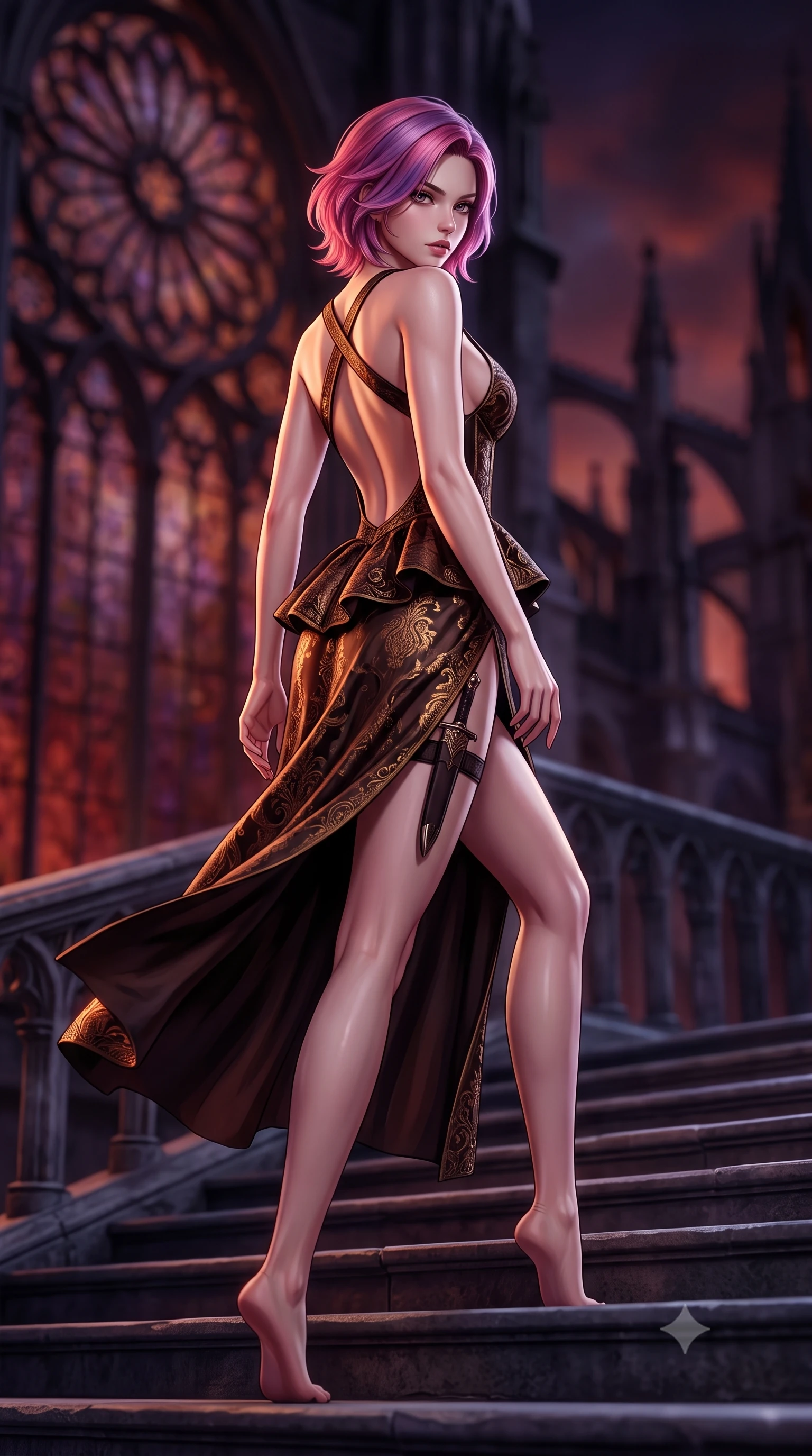 score_9, masterpiece, best quality, ultra-detailed, high-budget anime keyframe, semi-realistic 3D game render, editorial fashion photography, tasteful artistic composition, Caucasian woman. low angle full-body shot from head to toe showing her feet, filling the entire 9:16 vertical frame with her statuesque presence, stretching her vertical silhouette. sitting poised on the elevated edge with legs crossed and extended, her tall 8.5-heads proportions dominating the scene with effortless poise while descending the cold cathedral steps with fluid supermodel momentum, the night wind fluttering her dark drapery. The composition keeps background elements in soft focus with creamy bokeh. colossal gothic rose windows and distant flying buttresses blurred into blood-orange, violet, and obsidian bokeh. She has an absolutely perfect, statuesque 8.5-heads proportion, an exceptionally tall and slender model-like female figure with impossibly long slender legs, a toned flat midriff, and an ultra-slim waist. sharp v-shaped jawline, high-bridge nose, intricate jewel-like eyes with depth, thick eyelashes, glossy parted lips with a natural sheen, intensely captivating and seductive expression, flawlessly proportioned anatomical accuracy, strict slender model proportions, natural body alignment, perfectly sculpted long slender limbs, ultra-slim waistline, clean dynamic posture without body distortion. wearing an architectural peplum corset dress with crossed back straps and a high side slit in shadowy espresso brown and molten bronze, made of rich textured jacquard silk with baroque gold thread, equipped with a concealed dagger sheath garter under her slit skirt, the dramatically scooped open back descending to the base of her spine, accentuating her razor-sharp statuesque lines and slim hourglass silhouette. illuminated by crisp specular highlights defining her sculpted jawline, bare spine, and long limbs. highly saturated vibrant anime colors, detailed shading with soft gradients, rich glossy textures, high-contrast stereoscopic depth, volumetric dynamic lighting, master piece, 9:16 ratio