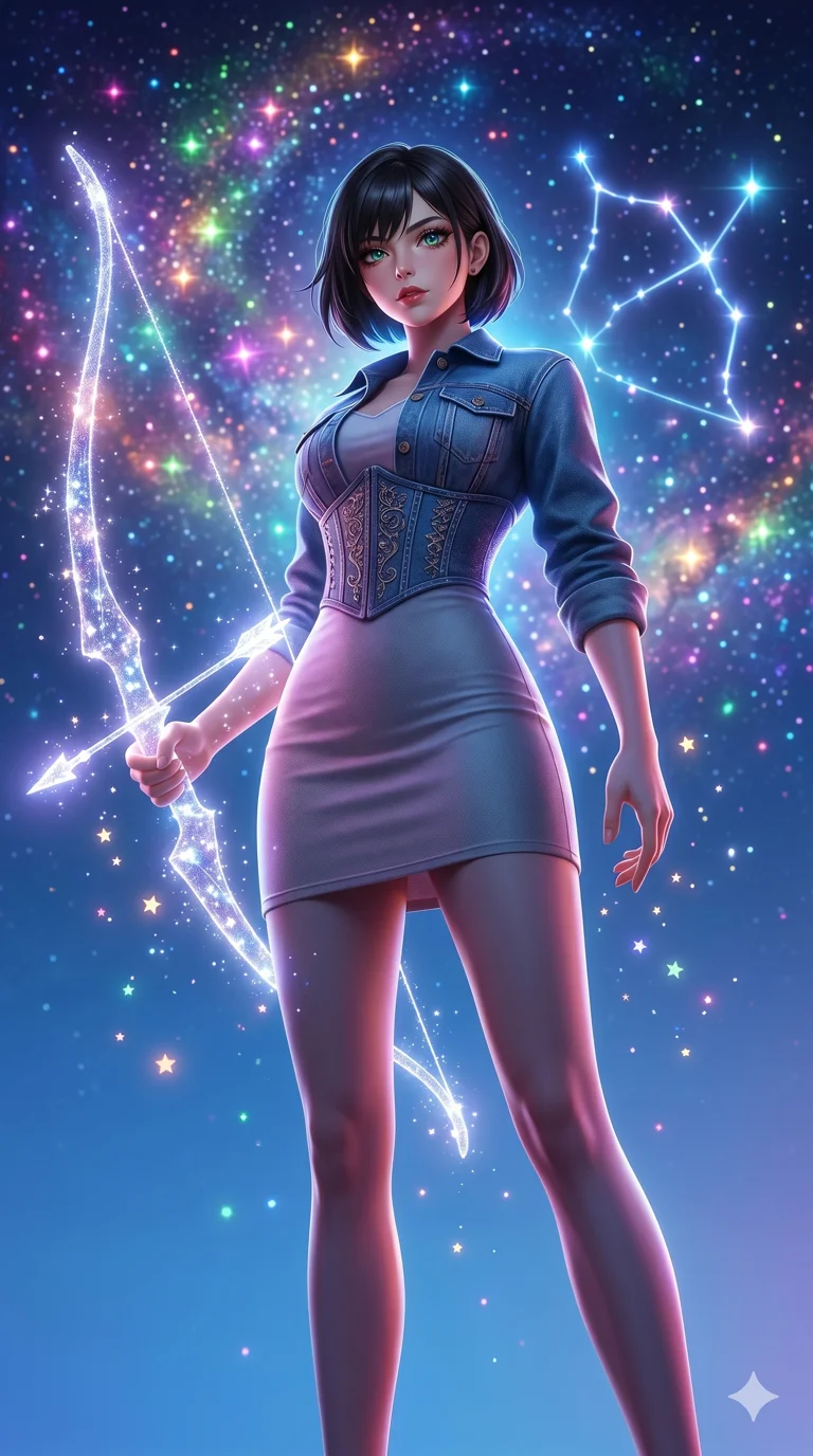 첨부의 캐릭터 얼굴만 유지해, score_9, masterpiece, best quality, ultra-detailed, Set B: Semi-realistic 3D Game Render, Caucasian woman (strictly human ears). Low angle cowboy shot filling the entire 9:16 frame with her statuesque presence. Summoning a bow and arrow made of starlight. She has an absolutely perfect 8-heads proportion, an exceptionally tall and slender female figure with elegant long slender legs and an slender waist. Sharp v-shaped jawline, high-bridge nose, intricate jewel-like eyes with depth, thick eyelashes, glossy lips. Wearing an Urban Trendsetter outfit: elegant form-fitting dress with high-waist denim and ornate corset. Background is a bright and colorful night sky with a glowing constellation bow and vibrant stars. 2k, ultra detail, master piece, 9:16 ratio