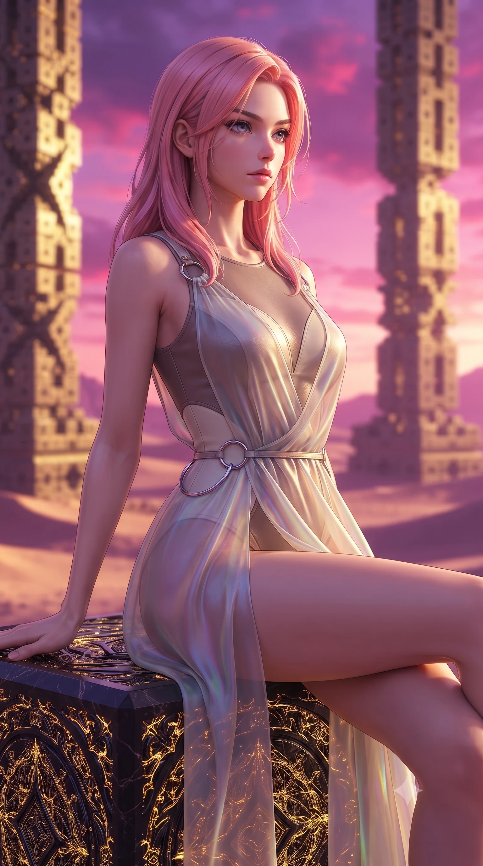 score_9, masterpiece, best quality, ultra-detailed, high-budget anime keyframe, editorial fashion photography, tasteful artistic composition, Japanese woman. close-up cowboy shot from the waist and thighs up, the character dominates the composition, filling the frame with her large presence, background elements kept in soft focus. Gazing past the camera with an air of effortless elegance and mysterious confidence resting on a carved obsidian monument in a surreal desert sanctuary, golden fractal geometric pillars rising majestically into a magenta sky. She has an exceptionally elegant, slender, and willowy female figure with an ultra-slim waist, a gracefully sculpted slender torso, and a refined silhouette. sharp v-shaped jawline, high-bridge nose, intricate jewel-like eyes with depth, thick eyelashes, glossy lips with a natural sheen. wearing a semi-opaque sheer overlay dress over a leather micro-bodysuit in muted taupe and soft ivory, crafted from iridescent chiffon that shifts colors in the light, accented with delicate chrome ring hardware framing her waist, the elegant draped fit framing her graceful clavicle and slender torso. illuminated by dramatic golden sunset key light and rich purple ambient fill. highly saturated vibrant anime colors, detailed shading with soft gradients, rich glossy textures, high-contrast stereoscopic depth, volumetric dynamic lighting, master piece, 9:16 ratio