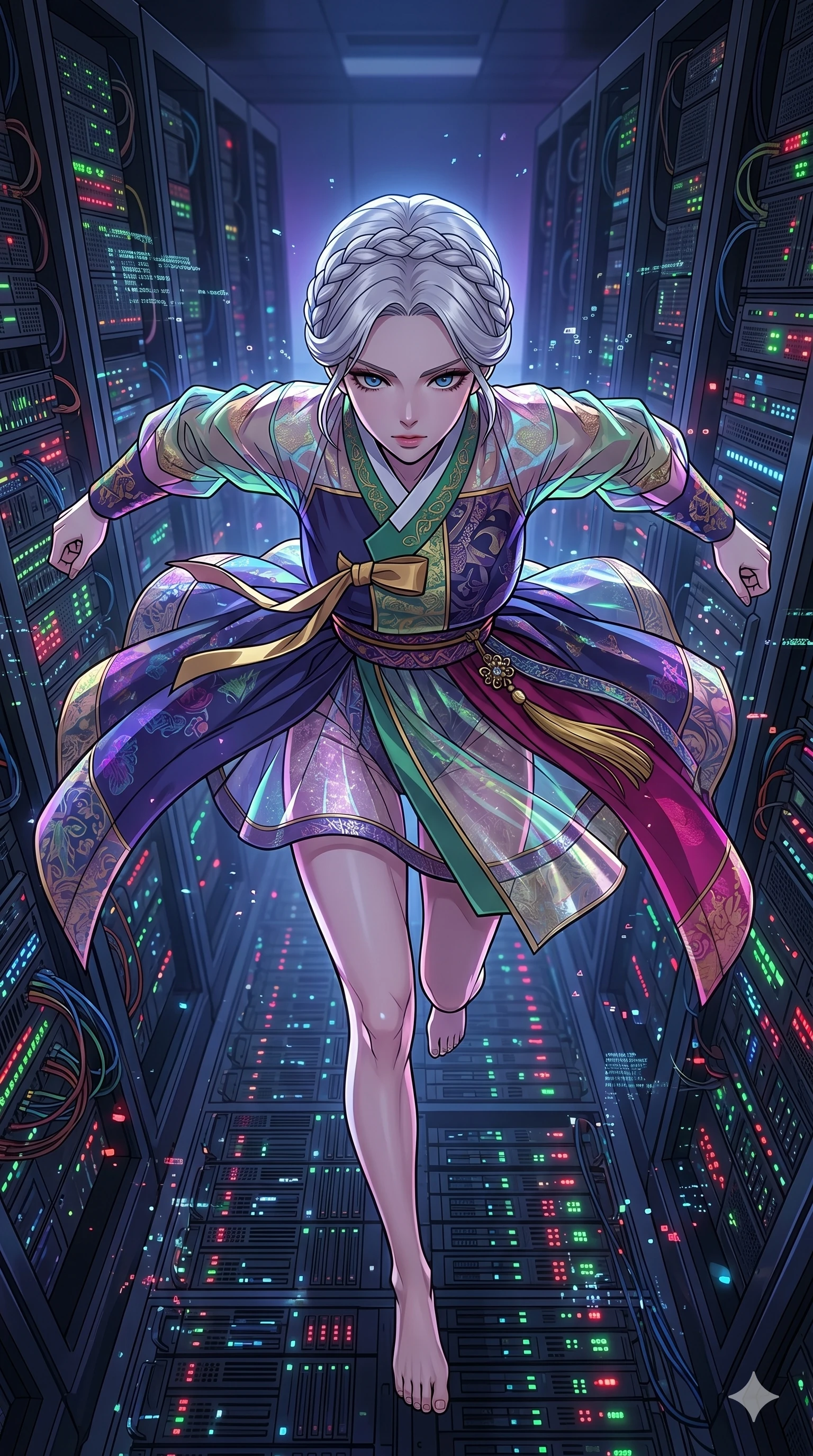 score_9, masterpiece, best quality, ultra-detailed, high-budget anime movie keyframe, cinematic anime lighting, intricate line art, Japanese woman. Extreme high angle shot as she leaps towards the camera, filling the frame. navigating a maze of server racks in a cold, dark data center. She has an absolutely perfect 8-heads proportion, an exceptionally tall and slender female figure with graceful and slender proportions. strictly human anatomy, two legs only, no extra limbs, clearly defined legs and arms, perfect anatomy, perfect hands and fingers. sharp v-shaped jawline, high-bridge nose, intricate jewel-like eyes, thick eyelashes, glossy lips. Wearing Modern Traditional: Shortened cyber-hanbok with fusion silk robes and transparent panels. The scene is illuminated by dramatic atmospheric lighting and vibrant color palettes. , 2k, ultra detail, master piece, 9:16 ratio