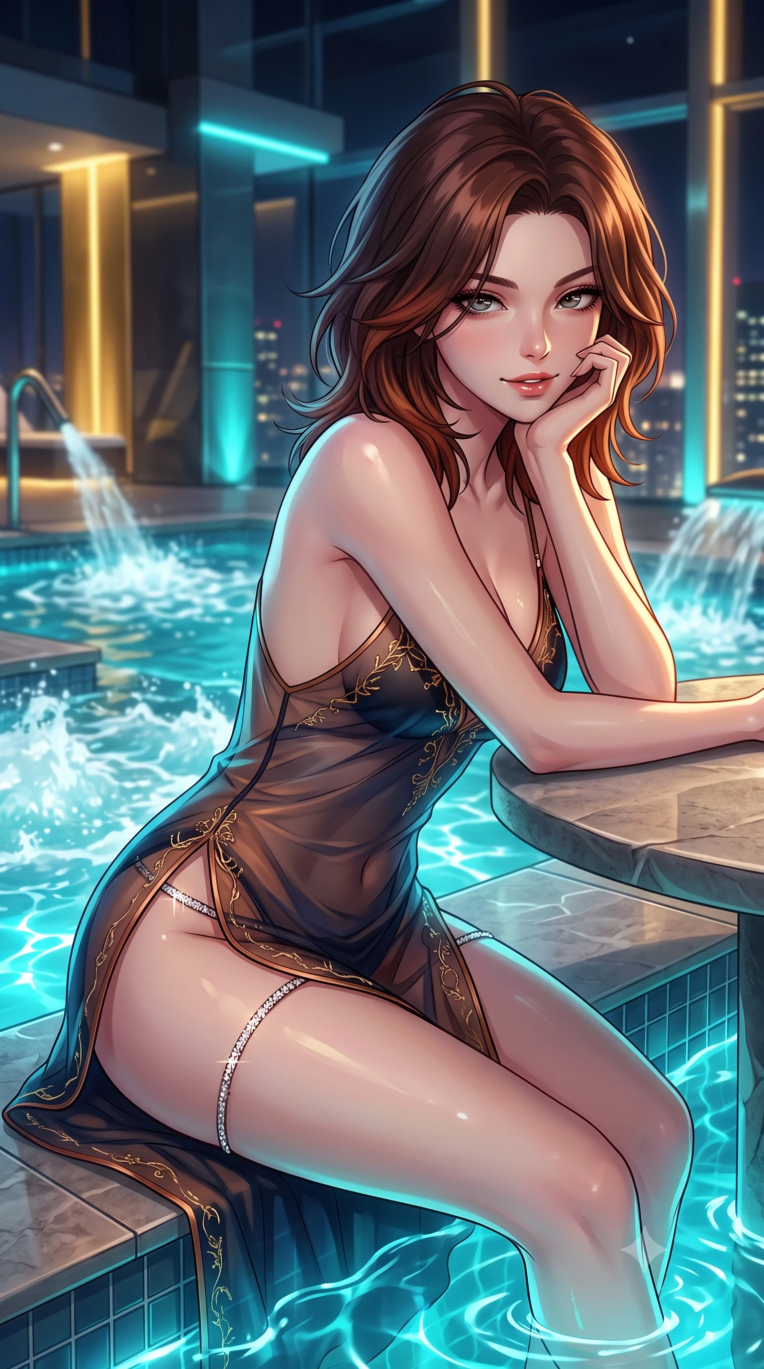 score_9, masterpiece, best quality, ultra-detailed, high-budget anime keyframe, semi-realistic 3D game render, editorial fashion photography, tasteful artistic composition, Korean woman. close-up cowboy shot from the waist and thighs up, the character dominates the composition, filling the frame with her large presence. resting one elbow on the table and supporting her chin, leaning close to the camera with heavy-lidded sparkling eyes and parted lips while twisting her slender torso in an alluring contrapposto stance beside the thermal hydro-pool, glowing cyan water caustics wrapping around her curves. The background shows a soft-focus bubbling hydrotherapy jets softened in high-tech urban spa shallow focus. She has an exceptionally elegant, slender, and willowy female figure with an ultra-slim waist, flat toned midriff, narrow ribcage, and sculpted feminine hips creating an alluring, slim hourglass silhouette without bulk. sharp v-shaped jawline, high-bridge nose, intricate jewel-like sparkling eyes with depth, thick eyelashes, glossy parted lips with a natural peach sheen, bright cheerful beaming smile with an enchanting and coquettish sensual glint, exuding both youthful cute charm and seductive allure, flawlessly proportioned anatomical accuracy, strict slender model proportions, natural body alignment, perfectly sculpted long slender limbs, ultra-slim waistline, clean dynamic posture without body distortion. wearing a gossamer sheer mesh slip dress with delicate gold embroidery and hip-high double side slits in Lofoten midnight obsidian and warm hearth copper, crafted from translucent silk organza with an ethereal crystalline sheen, finished with delicate crystal-encrusted thigh garter straps glinting in the dim light, the precision-cut side openings and low-back scoop framing her graceful spine and the sensual sweep of her slim, toned hips. bathed in electric underwater pool LEDs contrasted with warm golden skyscraper architectural floodlights. highly saturated vibrant anime colors, detailed shading with soft gradients, rich glossy textures, high-contrast stereoscopic depth, volumetric dynamic lighting, master piece, 9:16 ratio