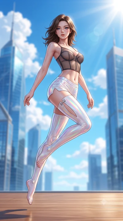 score_9, masterpiece, best quality, ultra-detailed, high-budget anime keyframe, semi-realistic 3D game render, editorial fashion photography, tasteful artistic composition, Korean woman. low angle full-body shot from head to toe showing her feet, fil