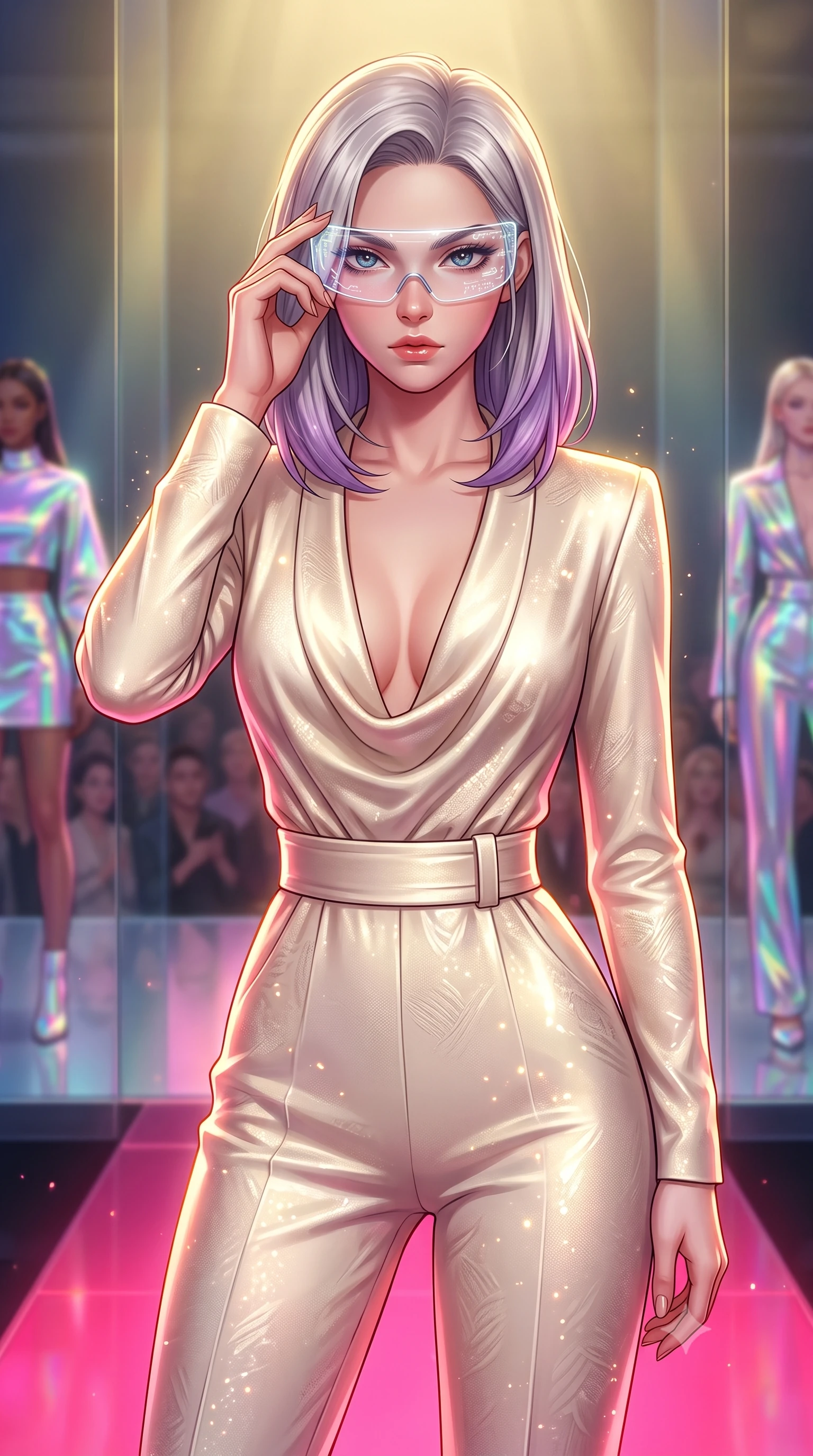 score_9, masterpiece, best quality, ultra-detailed, high-budget anime keyframe, editorial fashion photography, tasteful artistic composition, Caucasian woman, strictly human ears. close-up cowboy shot from the waist and thighs up, the character dominates the composition, filling the frame with her large presence, background elements kept in soft focus. Adjusting her tactical visor with one hand, eyes narrowed in sharp concentration at the target. set against a soft-focus background of a fashion show stage made of glass, reflecting holographic clothes worn by models, the audience in soft focus. She has an exceptionally elegant and slender, willowy female figure with an ultra-slim waist, a gracefully sculpted slender torso, and a refined slim physique. sharp v-shaped jawline, high-bridge nose, intricate jewel-like eyes with depth, thick eyelashes, glossy lips with a natural sheen. wearing catching and diffusing the glowing particles, shimmering softly in response to the surrounding light, a tailored tailored jumpsuit in cream silk with a plunging cowl neck and a matching wide belt that emphasizes her ultra-slim waist. highly saturated vibrant anime colors, intense vivid color palette, soft 3D volumetric shading, volumetric dynamic lighting, dramatic contrast of hot pink furnace glow from below and cool golden light from above. 2k, ultra detail, master piece, 9:16 ratio