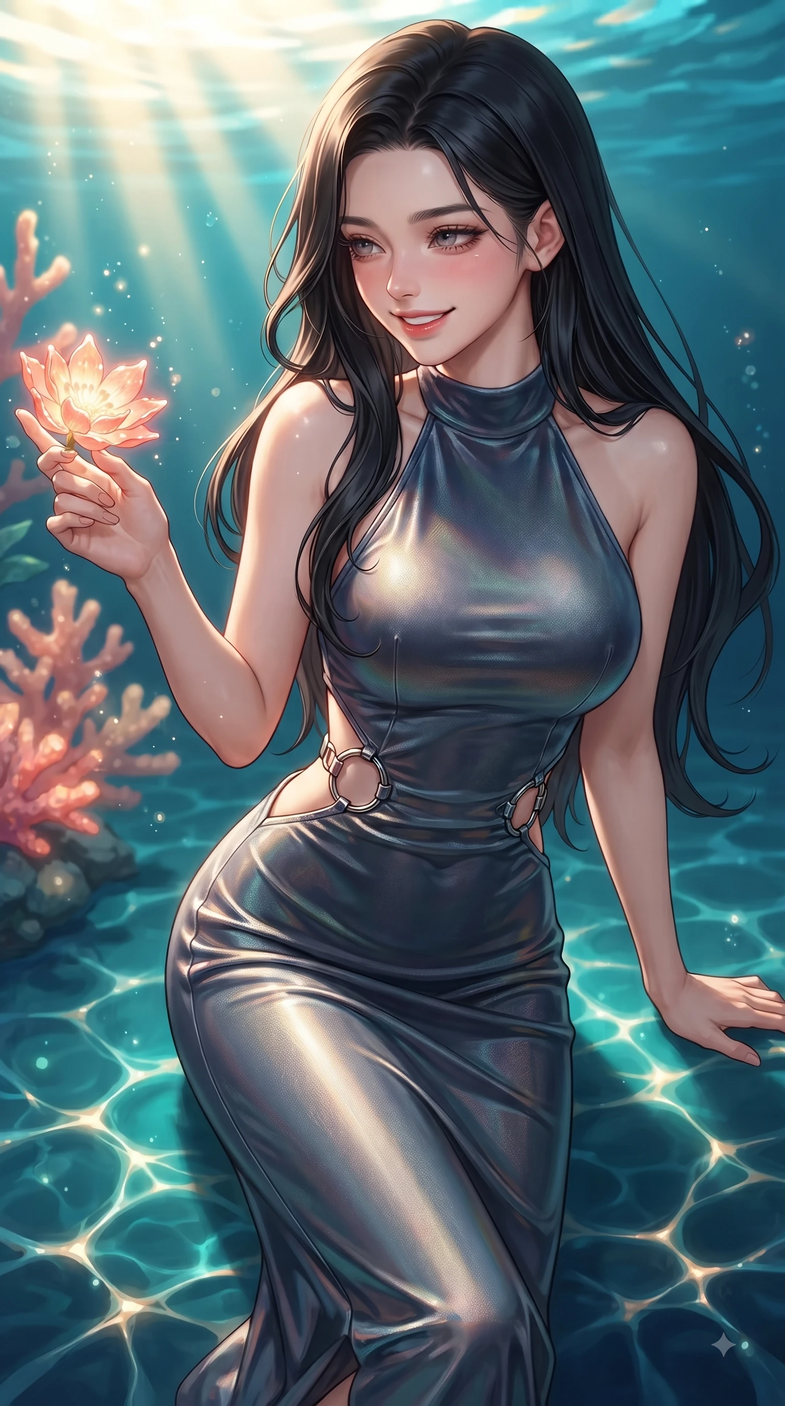 score_9, masterpiece, best quality, ultra-detailed, high-budget anime keyframe, editorial fashion photography, tasteful artistic composition, Korean woman. close-up cowboy shot from the waist and thighs up, the character dominates the composition, filling the frame with her large presence, background elements kept in soft focus. Warm delightful smile while casting a playful, joyful side-gaze with heavy lashes and a glowing expression while reaching her hand out with a bright smiling face to touch a glowing coral sea blossom, golden sunbeams penetrating deep turquoise water creating caustic light ripples. She has an exceptionally elegant, slender, and willowy female figure with an ultra-slim waist, a gracefully sculpted slender torso, and a refined silhouette. sharp v-shaped jawline, high-bridge nose, intricate jewel-like eyes with depth, thick eyelashes, glossy lips with a natural sheen, flawlessly proportioned anatomical accuracy, natural body alignment, perfectly sculpted elegant limbs, clean dynamic posture without body distortion. wearing a velvet halter-neck midi dress following her form like a glove in slate blue and metallic silver, crafted from iridescent chiffon that shifts colors in the light, accented with delicate chrome ring hardware framing her waist, the sleek second-skin texture accentuating her magnetic presence. bathed in brilliant underwater sunbeams and luminous turquoise caustic glow. ultra-reflective glossy finish, specular highlights, metallic sheen, high-contrast stereoscopic depth, volumetric dynamic lighting, 2k, ultra detail, master piece, 9:16 ratio