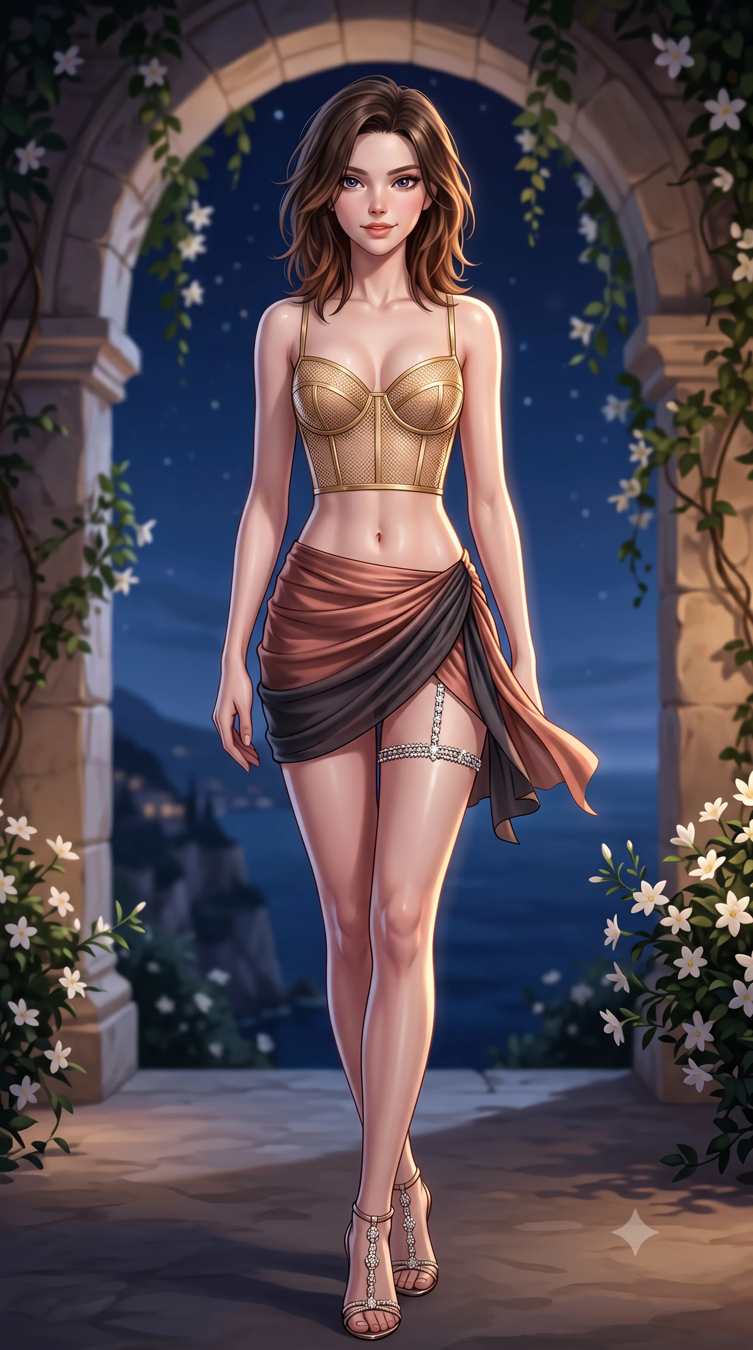 score_9, masterpiece, best quality, ultra-detailed, high-budget anime keyframe, semi-realistic 3D game render, editorial fashion photography, tasteful artistic composition, Korean woman. low angle full-body shot from head to toe showing her feet, filling the entire 9:16 vertical frame with her statuesque presence, stretching her vertical silhouette. executing a slow, graceful pivot turn as her skirt sways around her slender legs, glancing back with an enchanting, teasing sensual expression while twisting her slender torso in an alluring contrapposto stance beside blooming night-jasmine, starlight tracing her narrow waist and curvy hips. The background shows a soft-focus hanging stone arches softened in historic Ravello cliffside sanctuary shallow focus. She has an exceptionally tall and slender model-like 8.5-heads proportion, an ultra-slim waist, a flat toned midriff, narrow delicate ribcage, and beautifully sculpted feminine hips creating a graceful, slim hourglass silhouette without any bulky heaviness, with impossibly long slender legs. sharp v-shaped jawline, high-bridge nose, intricate jewel-like sparkling eyes with depth, thick eyelashes, glossy parted lips with a natural peach sheen, bright cheerful beaming smile with an enchanting and coquettish sensual glint, exuding both youthful cute charm and seductive allure, flawlessly proportioned anatomical accuracy, strict slender model proportions, natural body alignment, perfectly sculpted long slender limbs, ultra-slim waistline, clean dynamic posture without body distortion. wearing a sculpted underwire bustier in sheer golden mesh paired with an ultra-short draped chiffon sarong mini skirt in sultry copper rose and deep shadow charcoal, made of fluid liquid jersey with seamless sculpting hold and smooth contours, finished with delicate crystal-encrusted thigh garter straps glinting in the dim light, the form-contouring silhouette accentuating her sculpted flat midriff, narrow delicate ribcage, and gracefully curvy hips with intoxicating allure. illuminated by terrace stone bounce and sharp champagne-gold rim lights defining her dewy collarbones, ultra-slim waist, and curvy hips. highly saturated vibrant anime colors, detailed shading with soft gradients, rich glossy textures, high-contrast stereoscopic depth, volumetric dynamic lighting, master piece, 9:16 ratio