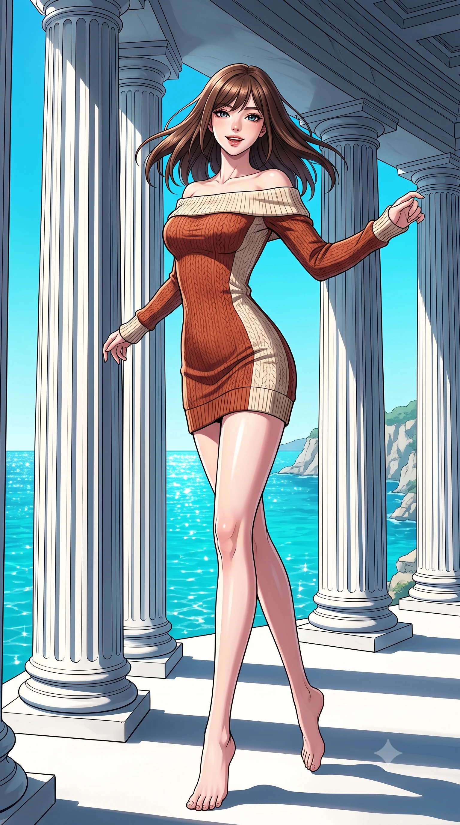 score_9, masterpiece, best quality, ultra-detailed, high-budget anime keyframe, editorial fashion photography, tasteful artistic composition, gorgeous anime illustration, with clean line-art, distinct ink outlines, and high-contrast stereoscopic depth, Korean woman. low angle full-body shot from head to toe showing her feet, filling the entire 9:16 vertical frame with her statuesque presence, stretching her vertical silhouette. pirouetting mid-air with a playful grin inside standing among tall white marble columns of an oracle temple on a cliffside, overlooking a sparkling turquoise Mediterranean sea that stretches to the horizon. She has a statuesque 8.5-heads proportion, an exceptionally tall, slender and willowy model-like build with impossibly long legs and a highly sculpted ultra-slim waist. sharp v-shaped jawline, high-bridge nose, intricate jewel-like eyes with depth, thick eyelashes, glossy lips with a natural sheen. wearing an off-shoulder fitted sweater dress in a two-tone weave of terracotta and cream wool, conforming to her slender willowy silhouette. bright blinding Mediterranean midday sun casting sharp dark shadows behind columns, highlighting the pure white marble. 2k, ultra detail, master piece, 9:16 ratio, highly saturated vibrant anime colors, detailed cel-shading with soft gradients, rich glossy textures, deep contrast, volumetric dynamic lighting, 2d animation style