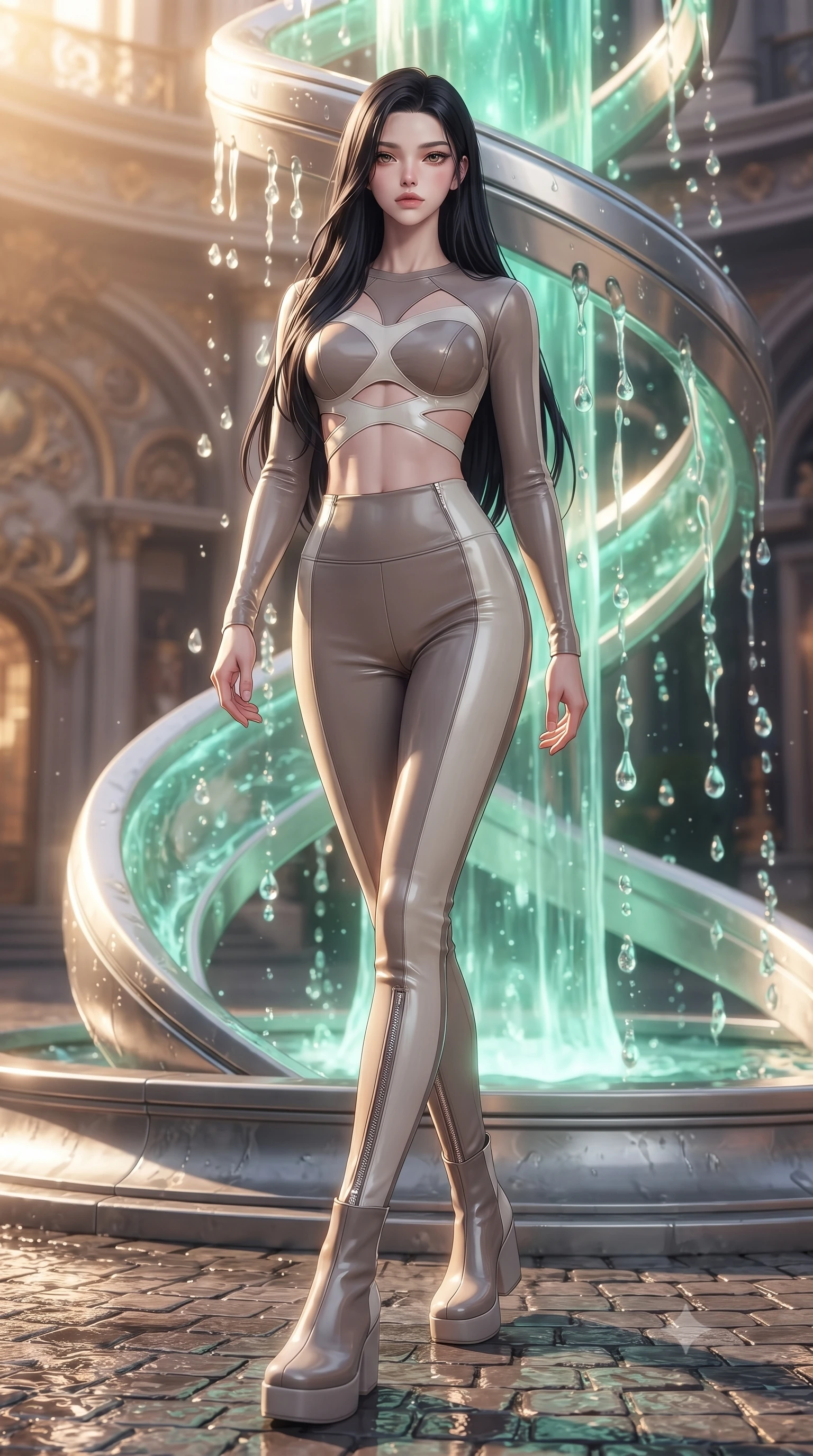 score_9, masterpiece, best quality, ultra-detailed, high-budget anime keyframe, editorial fashion photography, tasteful artistic composition, Korean woman. low angle full-body shot from head to toe showing her feet, filling the entire 9:16 vertical frame with her statuesque presence, stretching her vertical silhouette. stepping forward with proud posture, filling the vertical frame with her magnetic presence standing by a hydro-flow spiral fountain flowing with bioluminescent emerald sap, translucent water droplets cascading down platinum fountains. She has an absolutely perfect, statuesque 8.5-heads proportion, an exceptionally tall and slender model-like female figure with impossibly long slender legs and an ultra-slim waist. sharp v-shaped jawline, high-bridge nose, intricate jewel-like eyes with depth, thick eyelashes, glossy lips with a natural sheen. wearing a glossy vinyl crop top and high-waist tailored leggings with sleek zippers in muted taupe and soft ivory, formed from sleek second-skin neoprene, featuring subtle geometric cutouts that highlight her ultra-slim midriff, the sleek second-skin texture accentuating her magnetic presence. bathed in warm golden sunlight and soft emerald bioluminescent glow. highly saturated vibrant anime colors, detailed shading with soft gradients, rich glossy textures, high-contrast stereoscopic depth, volumetric dynamic lighting, master piece, 9:16 ratio