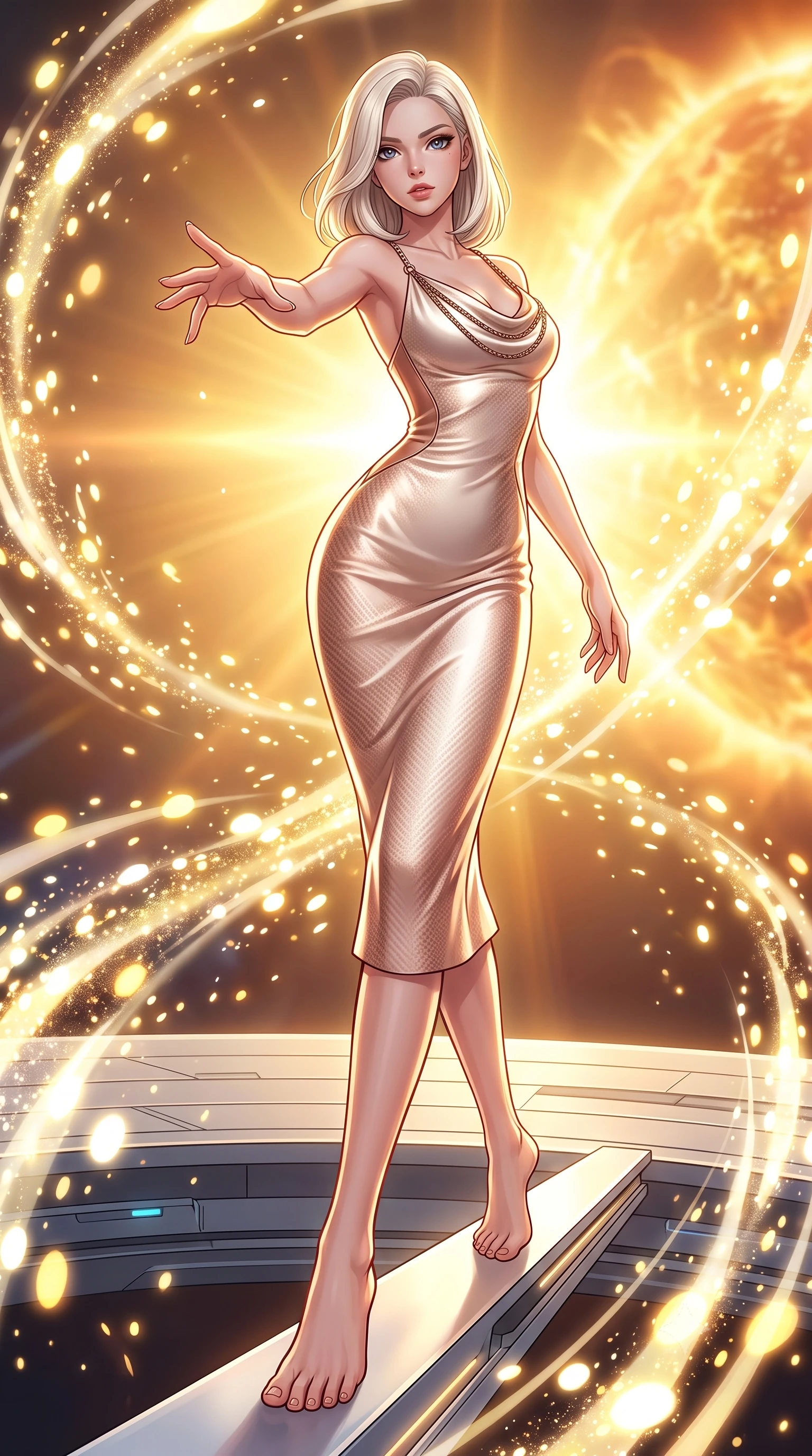score_9, masterpiece, best quality, ultra-detailed, high-budget anime keyframe, editorial fashion photography, tasteful artistic composition, Caucasian woman. low angle full-body shot from head to toe showing her feet, filling the entire 9:16 vertical frame with her statuesque presence, stretching her vertical silhouette. forging dynamically through the scene with her long slender legs and ultra-slim waist creating a sweeping S-curve while reaching one arm gracefully toward the camera while balancing on a floating platinum beam, glowing solar pollen particles drifting in rapid swirling currents nearby. She has an absolutely perfect, statuesque 8.5-heads proportion, an exceptionally tall and slender model-like female figure with impossibly long slender legs and an ultra-slim waist. sharp v-shaped jawline, high-bridge nose, intricate jewel-like eyes with depth, thick eyelashes, glossy lips with a natural sheen, flawlessly proportioned anatomical accuracy, natural body alignment, perfectly sculpted elegant limbs, clean dynamic posture without body distortion. wearing an elegant cowl-neck satin midi dress with a graceful draped neckline in pearl white and rose gold, made of fine carbon-fiber weave and soft matte leather, adorned with delicate metallic chain straps along the neckline, the tailored fabric tightly following every curve of her athletic build. bathed in glorious golden solar flares and intense warm sunburst backlighting. highly saturated vibrant anime colors, detailed shading with soft gradients, rich glossy textures, high-contrast stereoscopic depth, volumetric dynamic lighting, master piece, 9:16 ratio