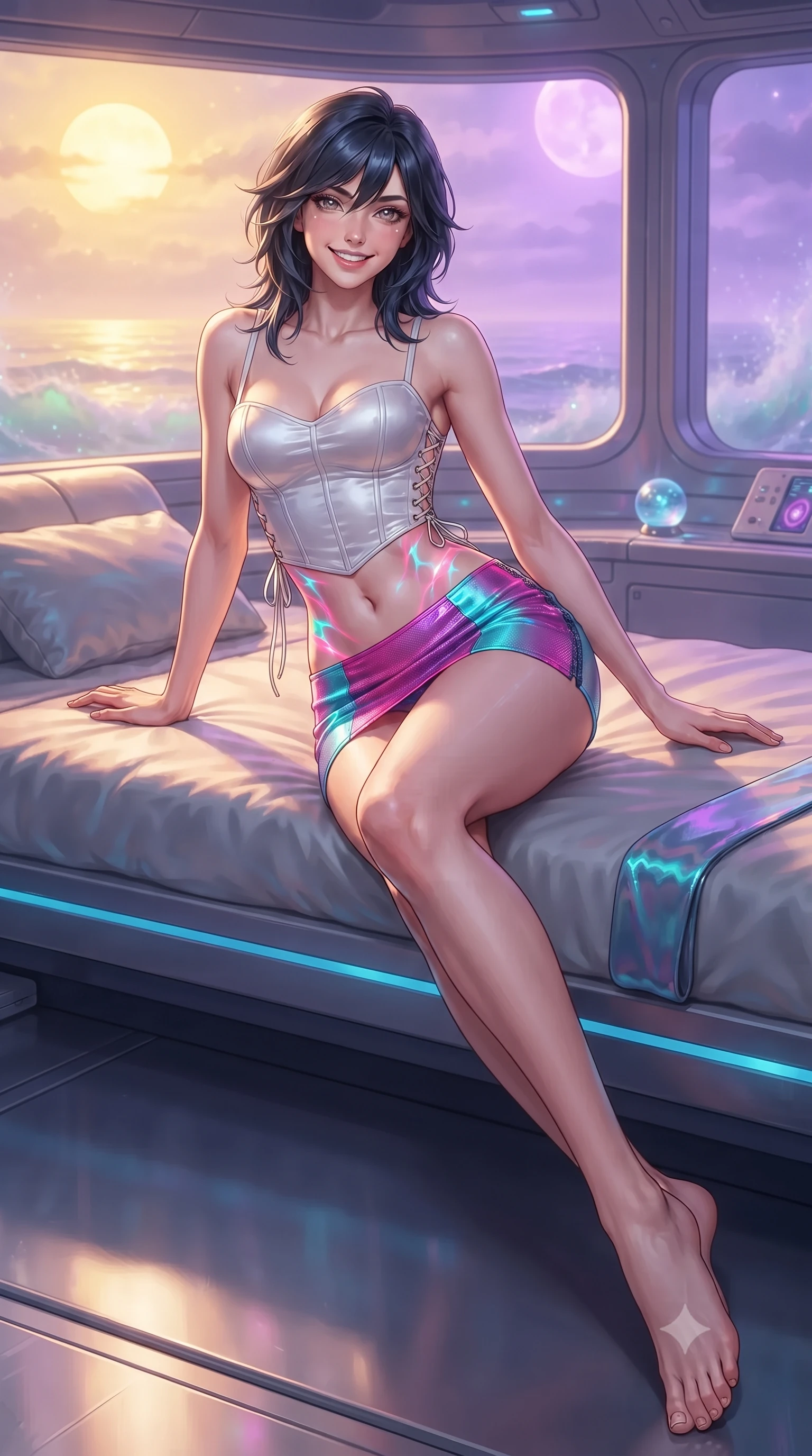 score_9, masterpiece, best quality, ultra-detailed, high-budget anime keyframe, editorial fashion photography, tasteful artistic composition, Caucasian woman. low angle full-body shot from head to toe showing her feet, filling the entire 9:16 vertical frame with her statuesque presence, stretching her vertical silhouette. lounging on the lavish daybed with legs crossed and hips angled toward the camera, displaying her toned midriff and long slender limbs with effortless siren poise while twisting her slender torso in an alluring contrapposto stance, chromatic pink-and-cyan ocean caustics painting fluid light ribbons across her narrow waist and hips. The background shows a soft-focus iridescent sea spray mist softened in alien oceanic research station shallow focus. She has an exceptionally tall and slender model-like 8.5-heads proportion, an ultra-slim waist, a flat toned midriff, narrow delicate ribcage, and beautifully sculpted feminine hips creating a graceful, slim hourglass silhouette without any bulky heaviness, with impossibly long slender legs. sharp v-shaped jawline, high-bridge nose, intricate jewel-like sparkling eyes with depth, thick eyelashes, glossy parted lips with a natural peach sheen, bright cheerful beaming smile with an enchanting and coquettish sensual glint, exuding both youthful cute charm and seductive allure, flawlessly proportioned anatomical accuracy, strict slender model proportions, natural body alignment, perfectly sculpted long slender limbs, ultra-slim waistline, clean dynamic posture without body distortion. wearing a sculpted satin cyber-corset with lace-up side ties paired with a low-rise micro skirt in Neo-Tokyo neon magenta and electric cyan, crafted from stretch micro-mesh with liquid foil coating that shimmers with every movement, finished with sleek magnetic buckle closures fluttering in the breeze, the form-contouring silhouette accentuating her sculpted flat midriff, narrow delicate ribcage, and gracefully curvy hips with intoxicating allure. bathed in the surreal dual illumination of twin setting suns—one golden amber, one lavender rose. ultra-reflective glossy finish, specular highlights, rich textural contrasts, high-contrast stereoscopic depth, volumetric dynamic lighting, 2k, ultra detail, master piece, 9:16 ratio