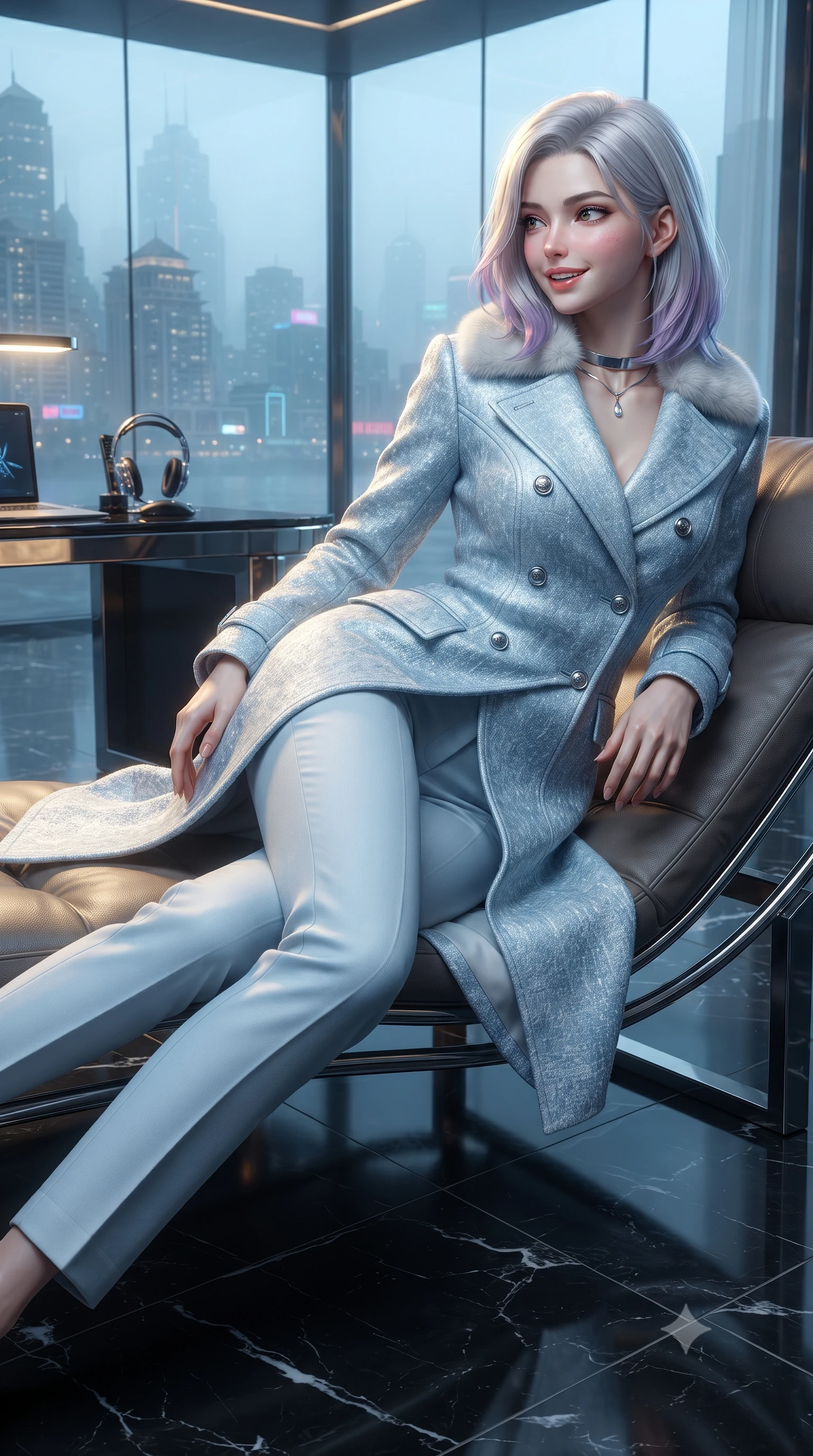 score_9, masterpiece, best quality, ultra-detailed, high-budget anime keyframe, editorial fashion photography, tasteful artistic composition, Caucasian woman. close-up cowboy shot from the waist and thighs up, the character dominates the composition, filling the frame with her large presence. posing in an alluring rear three-quarter angle, looking over a bare shoulder with parted glossy lips, her hips cocked back to highlight her slim hourglass curve while lounging gracefully across the custom leather chaise propped on one elbow with legs extended, displaying her long slender limbs and statuesque hourglass silhouette against the misty neon harbor. The surrounding environment is rendered in vivid detail and crisp panoramic clarity: sharp black Marquina marble floor reflections, polished chrome desk edges, and intricate harbor skyline architecture through glass in deep focus. She has an exceptionally elegant, slender, and willowy female figure with an ultra-slim waist, flat toned midriff, narrow ribcage, and sculpted feminine hips creating an alluring, slim hourglass silhouette without bulk. sharp v-shaped jawline, high-bridge nose, intricate jewel-like sparkling eyes with depth, thick eyelashes, glossy parted lips with a natural peach sheen, bright cheerful beaming smile with an enchanting and coquettish sensual glint, exuding both youthful cute charm and seductive allure, flawlessly proportioned anatomical accuracy, strict slender model proportions, natural body alignment, perfectly sculpted long slender limbs, ultra-slim waistline, clean dynamic posture without body distortion. wearing a futuristic double-breasted arctic combat officer greatcoat with thermal fur-lined collar and tailored wool trousers in arctic cryo-glacier ice blue and platinum white, crafted from bespoke double-faced cashmere with an exceptionally soft tactile finish, finished with a minimalist chrome choker and a single teardrop diamond pendant, the bespoke structured tailoring following the natural line of her 8.5-heads silhouette with refined elegance. illuminated by black marble floor bounce and sharp champagne-gold rim lights defining her razor-sharp jawline, narrow waist, and curvy hips. ultra-reflective glossy finish, specular highlights, rich textural contrasts, high-contrast stereoscopic depth, volumetric dynamic lighting, 2k, ultra detail, master piece, 9:16 ratio