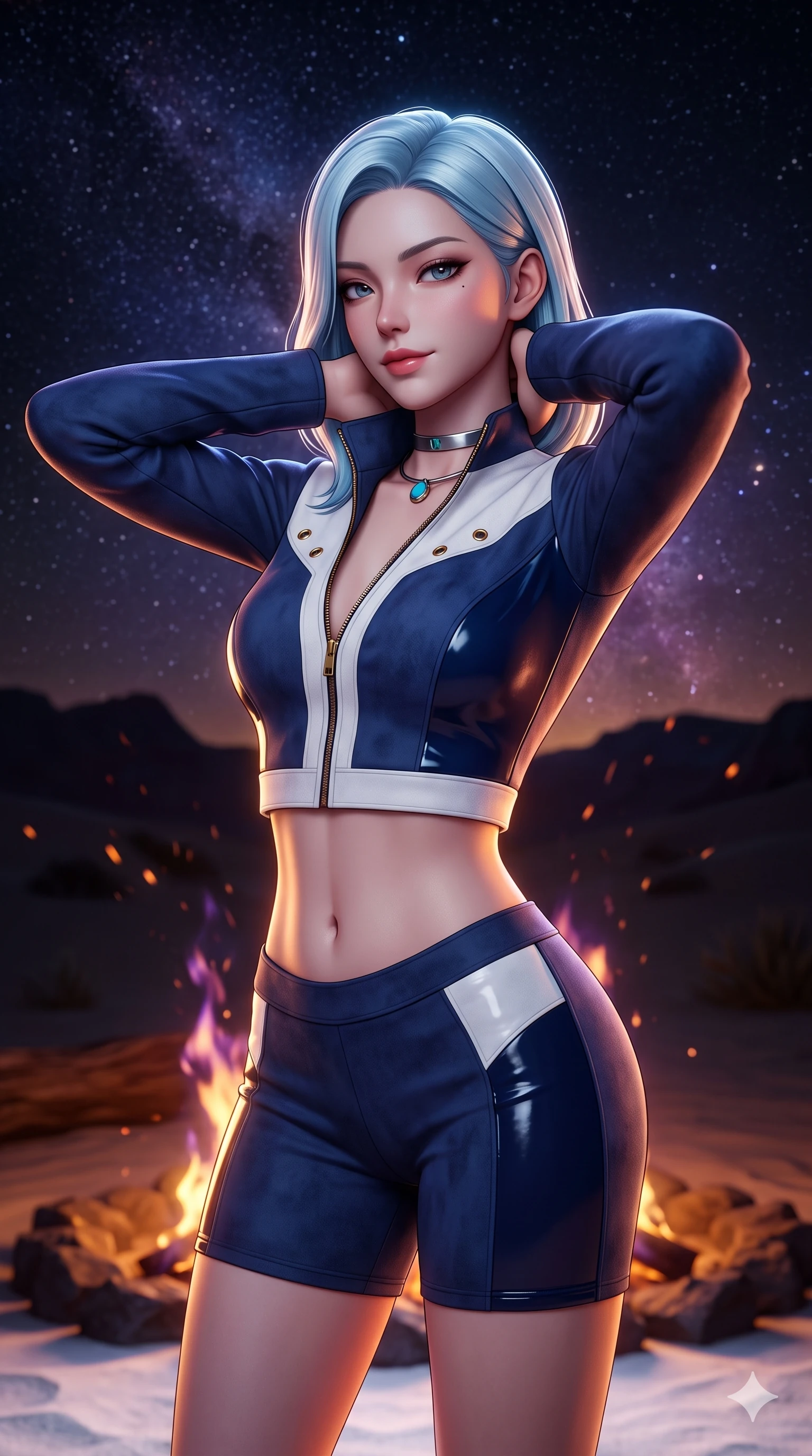 score_9, masterpiece, best quality, ultra-detailed, high-budget anime keyframe, semi-realistic 3D game render, editorial fashion photography, tasteful artistic composition, Korean woman. close-up cowboy shot from the waist and thighs up, the character dominates the composition, filling the frame with her large presence. resting both hands lightly behind her neck with elbows raised, arching her spine to highlight her narrow waist, flat midriff, and breathtaking collarbones while standing poised at the edge of the firelit circle, looking back over her shoulder with an enchanting, smoldering bedroom-gaze against the celestial cosmos. The surrounding environment is rendered in vivid detail and crisp panoramic clarity: detailed wet-look vinyl crop top tailoring, specular surface reflections, and desert nightscape in razor-sharp clarity. She has an exceptionally elegant, slender, and willowy female figure with an ultra-slim waist, flat toned midriff, narrow ribcage, and sculpted feminine hips creating an alluring, slim hourglass silhouette without bulk. sharp v-shaped jawline, high-bridge nose, sparkling eyes with hypnotic seductive depth, thick curled eyelashes, glossy parted lips with a natural dewy peach sheen, alluring bedroom-eyes with an enchanting coquettish smile, exuding magnetic siren charisma and sophisticated glamour, flawlessly proportioned anatomical accuracy, strict slender model proportions, natural body alignment, perfectly sculpted long slender limbs, ultra-slim waistline, clean dynamic posture without body distortion. wearing a modern two-piece desert outlaw set featuring a zip-front crop jacket and curve-hugging low-rise biker shorts in French Riviera navy and optic white with gold grommets, crafted from supple double-faced desert suede with an exceptionally soft matte finish, finished with a minimalist chrome choker and a single turquoise stone pendant, the bespoke structured tailoring following the natural line of her 8.5-heads silhouette with refined elegance. illuminated by white sand ground bounce and sharp amber-violet rim lights defining her razor-sharp jawline, narrow waist, and curvy hips. highly saturated vibrant anime colors, detailed shading with soft gradients, rich glossy textures, high-contrast stereoscopic depth, volumetric dynamic lighting, master piece, 9:16 ratio