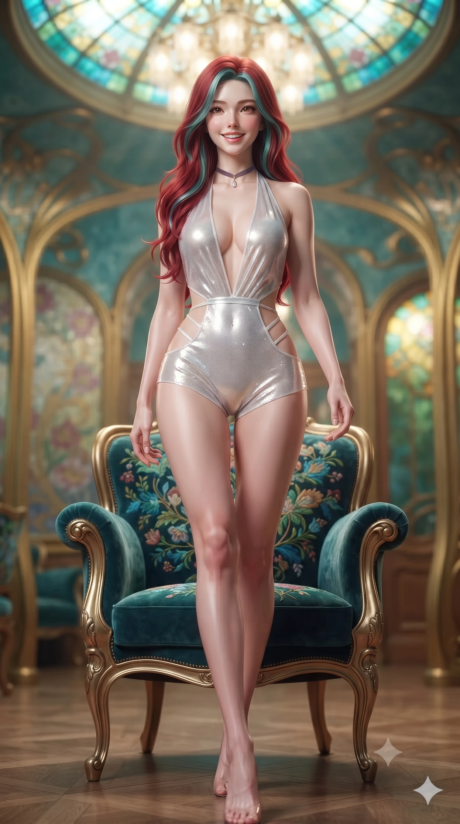 score_9, masterpiece, best quality, ultra-detailed, high-budget anime keyframe, editorial fashion photography, tasteful artistic composition, Caucasian woman. low angle full-body shot from head to toe showing her feet, filling the entire 9:16 vertical frame with her statuesque presence, stretching her vertical silhouette. stepping forward in a confident stride, her long slender legs and curvaceous hips creating a dynamic, sweeping vertical line while sitting gracefully on the peacock-embroidered velvet armchair with legs crossed, her statuesque 8.5-heads silhouette commanding the sanctuary. The background shows a soft-focus sinuous gilded Art Nouveau whiplash curves, floral mosaic murals, and glowing stained-glass dome panels blurred into turquoise, gold, and jade bokeh. She has an exceptionally tall and slender model-like 8.5-heads proportion, an ultra-slim waist, a flat toned midriff, narrow delicate ribcage, and beautifully sculpted feminine hips creating a graceful, slim hourglass silhouette without any bulky heaviness, with impossibly long slender legs. sharp v-shaped jawline, high-bridge nose, intricate jewel-like sparkling eyes with depth, thick eyelashes, glossy parted lips with a natural peach sheen, bright cheerful beaming smile with an enchanting and coquettish sensual glint, exuding both youthful cute charm and seductive allure, flawlessly proportioned anatomical accuracy, strict slender model proportions, natural body alignment, perfectly sculpted long slender limbs, ultra-slim waistline, clean dynamic posture without body distortion. wearing a daring low-cut halterneck romper with exposed midriff and strappy hip cutouts in pure translucent crystal white and liquid platinum, crafted from stretch micro-mesh with liquid foil coating that shimmers with every movement, finished with a thin velvet ribbon choker and a single teardrop diamond pendant, the liquid-tight tailored fabric clinging flawlessly to her narrow waist and rounded feminine hips, emphasizing every millimeter of her sculpted slim hourglass curves without any bulky heaviness. bathed in the warm golden 2700K incandescent chandelier glow mixed with prismatic colored beams filtering through stained glass. ultra-reflective glossy finish, specular highlights, rich textural contrasts, high-contrast stereoscopic depth, volumetric dynamic lighting, 2k, ultra detail, master piece, 9:16 ratio