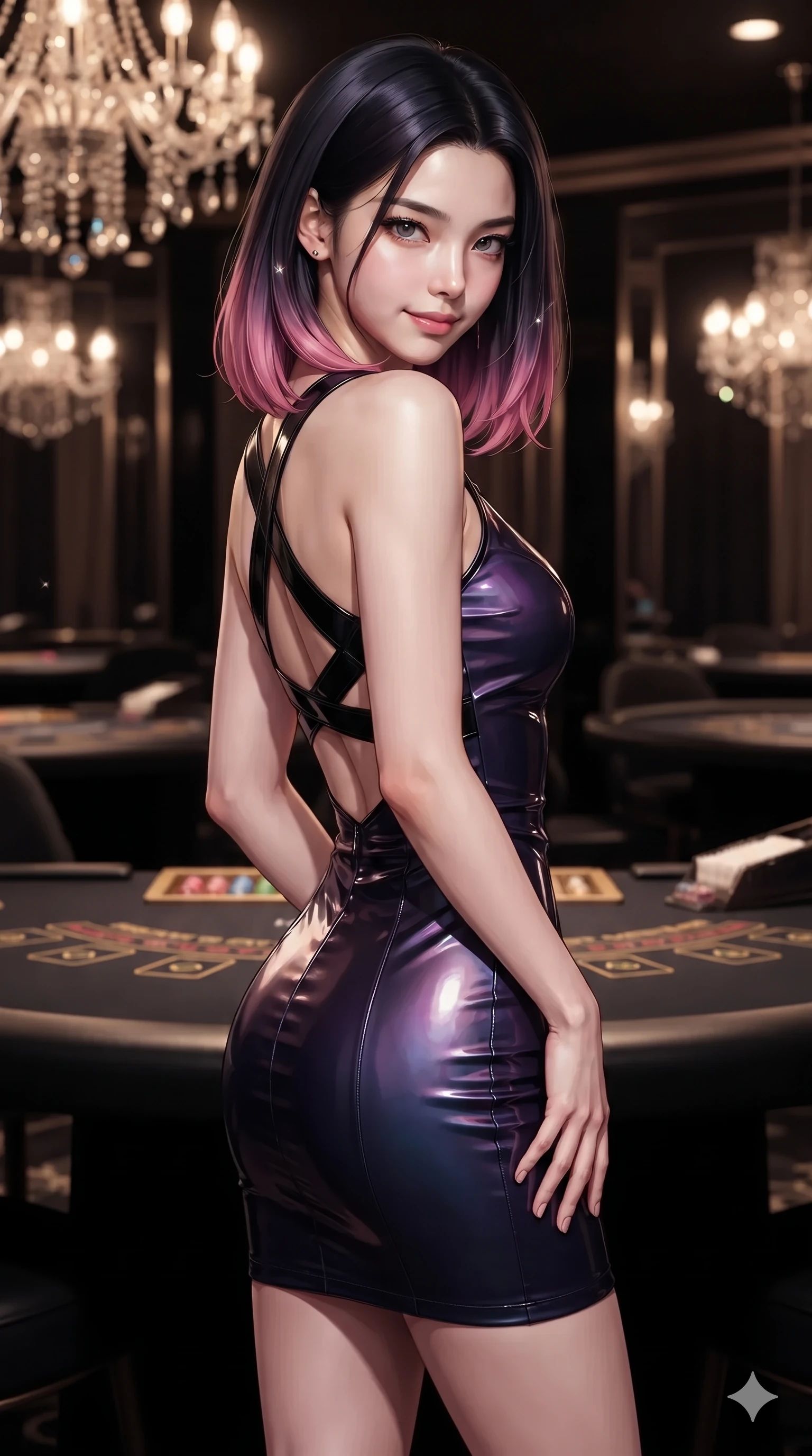 score_9, masterpiece, best quality, ultra-detailed, high-budget anime keyframe, editorial fashion photography, tasteful artistic composition, Korean woman. close-up cowboy shot from the waist and thighs up, the character dominates the composition, filling the frame with her large presence. tilting her head with a teasing half-smile, running one hand slowly down the side of her hip in a flirtatious S-curve while standing tall beside the high-roller private salon bar, arching her spine with sovereign dark glamour as chandelier prisms glint in her hair. The background shows a soft-focus smoked crystal chandeliers, black velvet gaming tables, and mirror-tinted wall panels blurred into champagne, amber, and obsidian bokeh. She has an exceptionally elegant, slender, and willowy female figure with an ultra-slim waist, flat toned midriff, narrow ribcage, and sculpted feminine hips creating an alluring, slim hourglass silhouette without bulk. sharp v-shaped jawline, high-bridge nose, intricate jewel-like dark sparkling eyes with hypnotic seductive depth, thick curled eyelashes, glossy parted lips with a natural wine sheen, alluring bedroom-eyes with an enigmatic smoldering smile, exuding magnetic sovereign charisma and dark avant-garde glamour, flawlessly proportioned anatomical accuracy, strict slender model proportions, natural body alignment, perfectly sculpted long slender limbs, ultra-slim waistline, clean dynamic posture without body distortion. wearing a precision-fitted bodycon dress in high-gloss liquid vinyl in iridescent dark violet taffeta and midnight indigo, made of supple butter-soft lambskin leather with a subtle satin sheen, featuring an open-back criss-cross harness strap in patent black leather, the form-fitting cut adhering flawlessly to her sculpted flat midriff and slender torso, emphasizing her long leg lines and perfectly proportioned willowy build. bathed in warm, focused pin-spot lighting over the black gaming tables contrasted with pitch-black intimate lounge shadows. ultra-reflective glossy finish, specular highlights, metallic sheen, high-contrast stereoscopic depth, volumetric dynamic lighting, 2k, ultra detail, master piece, 9:16 ratio
