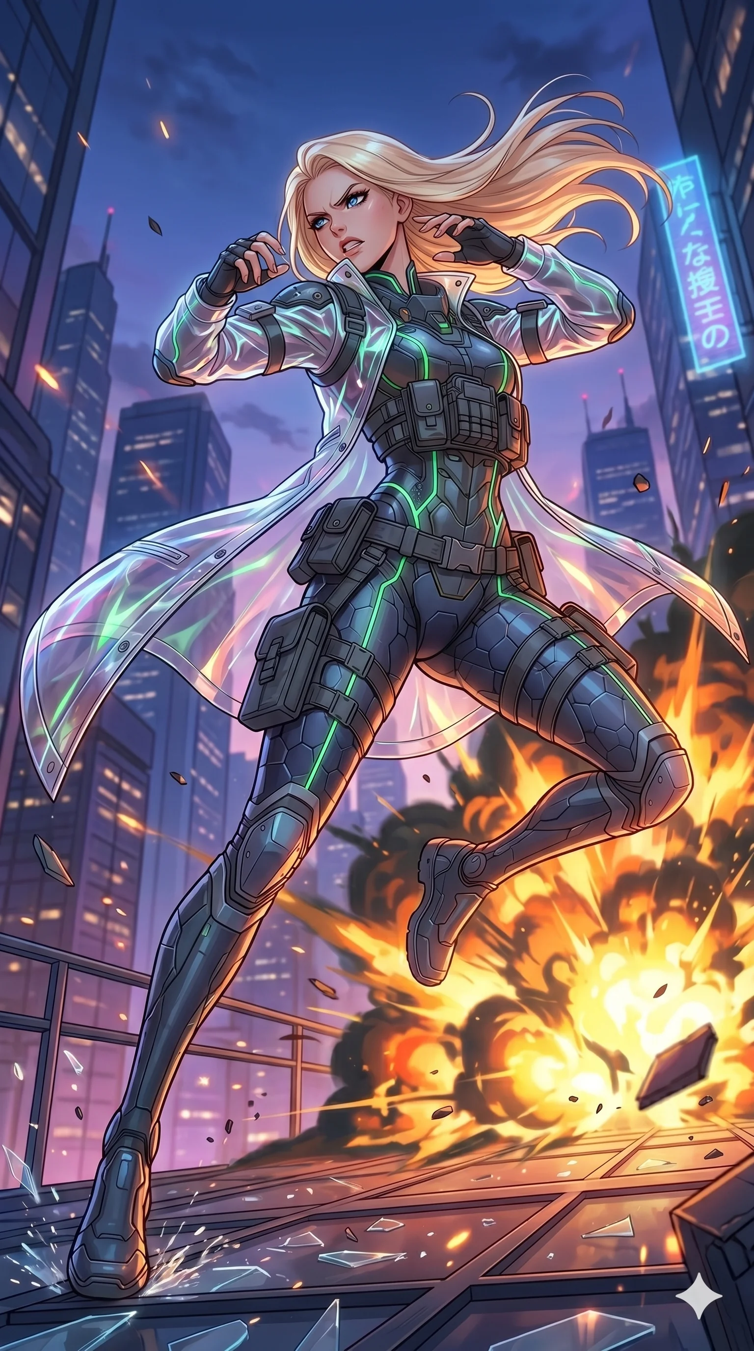 score_9, masterpiece, best quality, ultra-detailed, high-budget anime movie keyframe, cinematic anime lighting, intricate line art, Japanese woman. Low angle cowboy shot capturing a powerful motion and statuesque presence. reeling back from an explosion with a look of fierce determination. She has an absolutely perfect 8-heads proportion, an exceptionally tall and slender female figure with an ultra-slim waist and impossibly long slender legs. strictly human anatomy, two legs only, no extra limbs, clearly defined legs and arms, perfect anatomy, perfect hands and fingers. sharp v-shaped jawline, high-bridge nose, intricate jewel-like eyes, thick eyelashes, glossy lips. Wearing Tech-Fantasy: Cybernetic tech-suit with glowing seams, translucent PVC over leotard, and modular tactical gear. The scene is illuminated by dramatic atmospheric lighting and vibrant color palettes. , 2k, ultra detail, master piece, 9:16 ratio